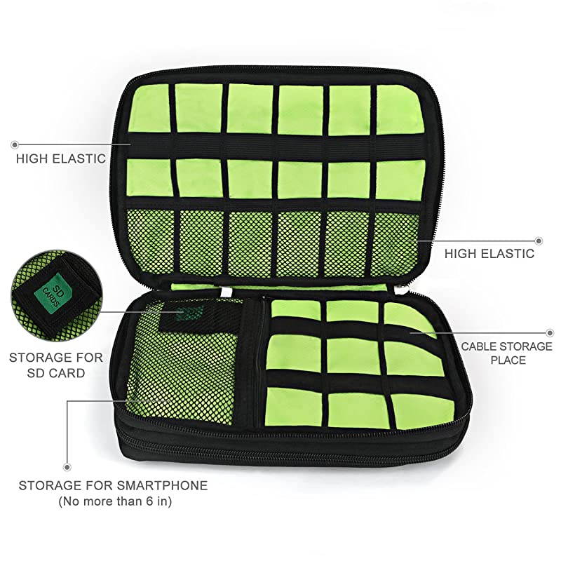 Electronics Organizer  Electronic Accessories Cable Organizer Bag Waterproof Travel Cable Storage Bag for Charging Cable Cellphone Mini Tablet Up to 79 and More Black and Green