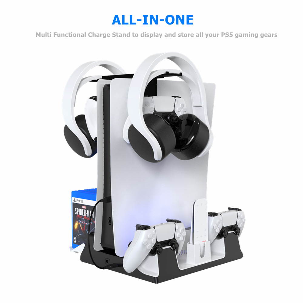 PS5 multifunctional Cooling Stand with Charging Station and Suction Cooling Fan, Dual Controller Wireless Charger Station, Charging Dock Station and Game Slots