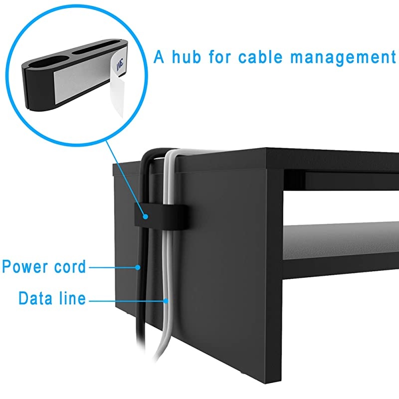 Stand Riser, 2 Tiers Wood Riser Stand with Storage Organizer, Desktop Ergonomic Stand Riser with Cellphone Holder and Cable Management, 16.7 Inch Shelf, Black