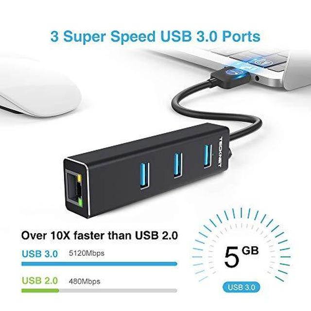 TECKNET Aluminum 3-Port USB 3.0 Hub with RJ45 10/100/1000 Gigabit Ethernet Adapter Converter LAN Wired USB Network Adapter for Ultrabooks, Notebooks, Tablets and More