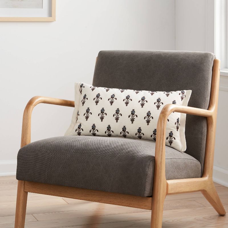 12"x20" Floral Embroidered Lumbar Throw Pillow with Beads Cream/Blue - Threshold™