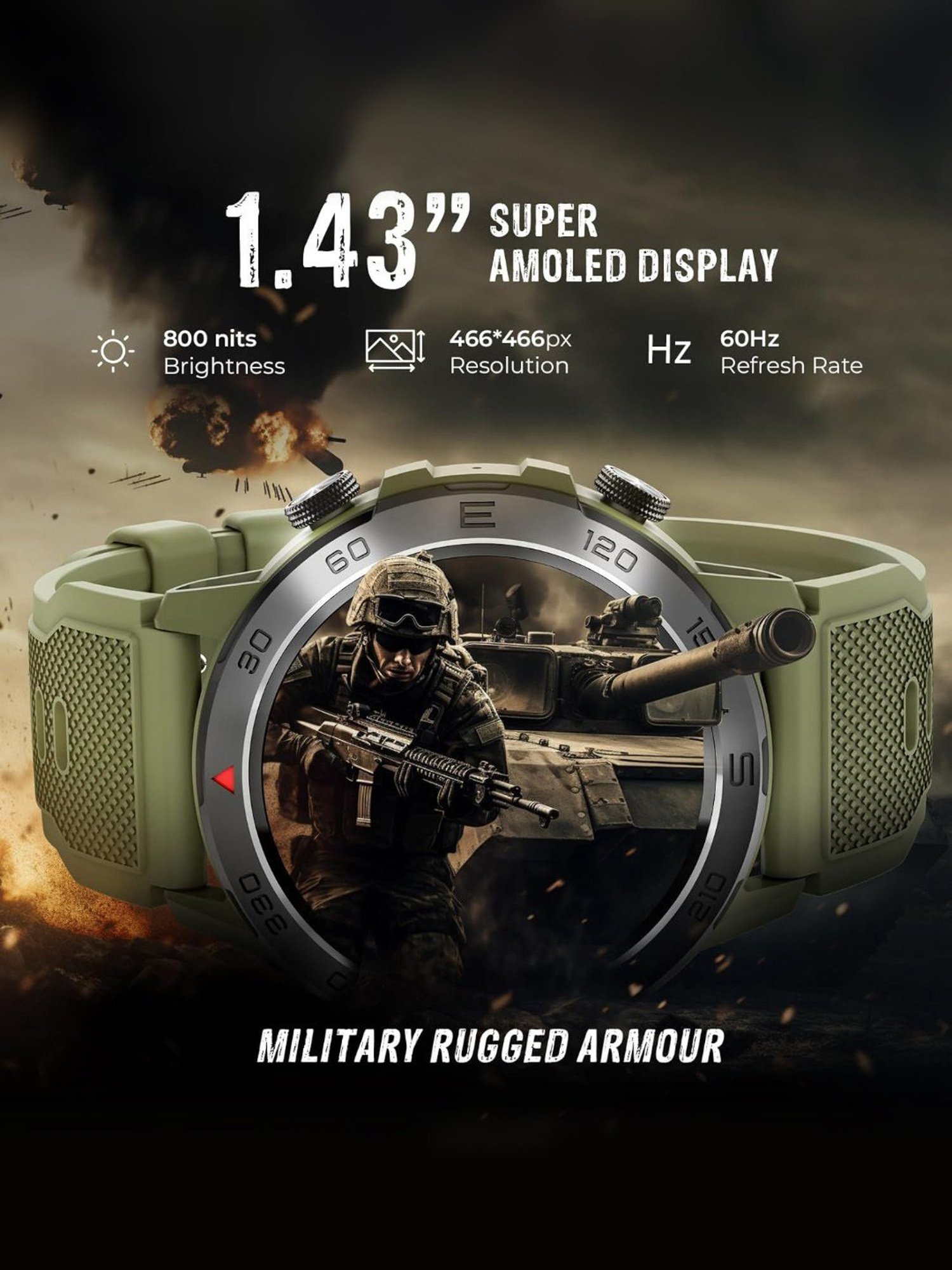 beatXP Duke Rugged BT Calling Smartwatch with 1.43 inch Round Super AMOLED Display (Army Green)