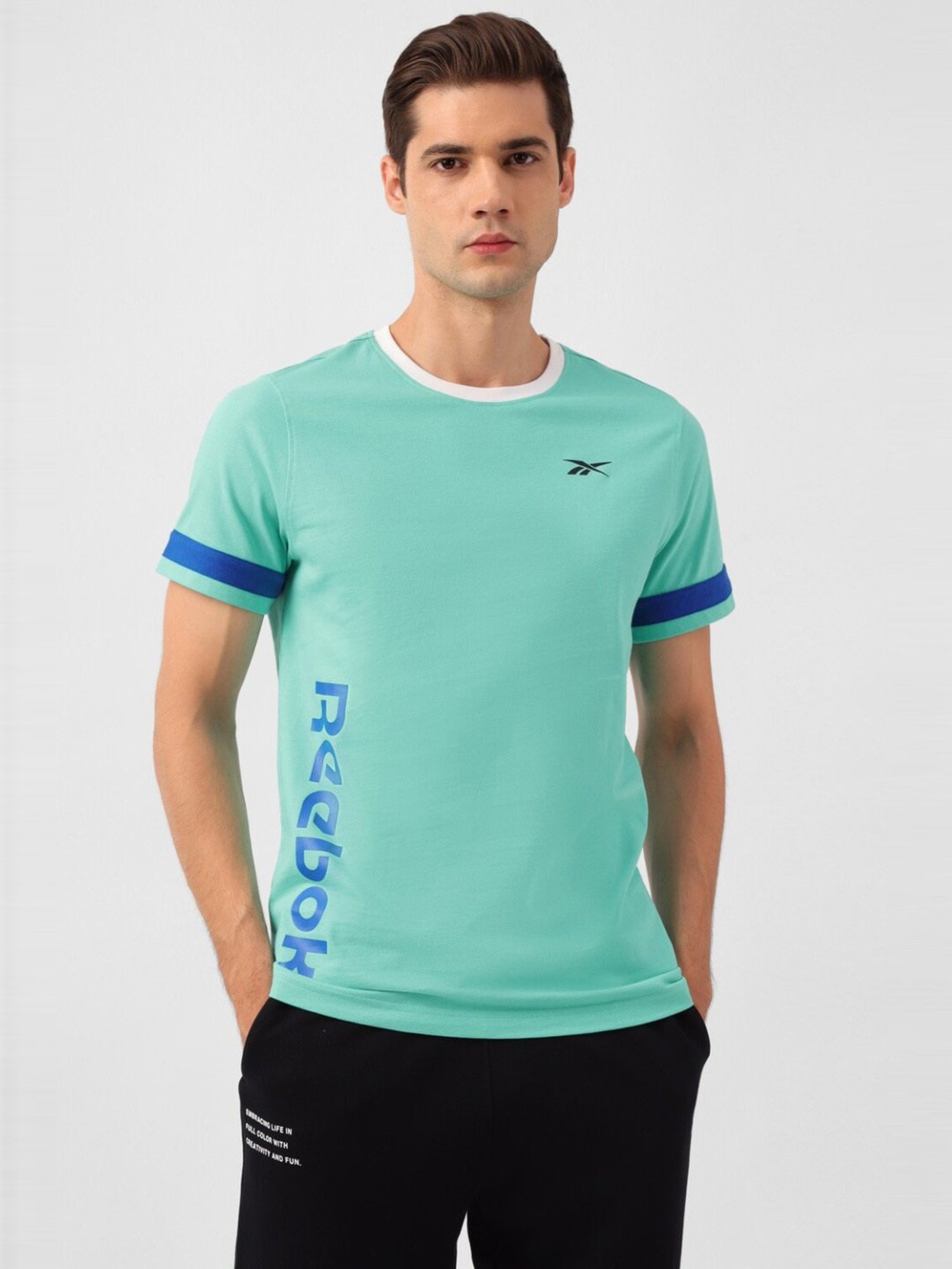 Reebok Green Cotton Slim Fit Logo Printed Sports T-Shirt