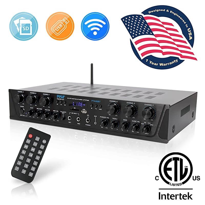 Wireless Home Audio Amplifier System Bluetooth Compatible Sound Stereo Receiver Amp 6 Channel 600Watt Power Digital LCD Headphone Jack 14 Microphone IN USB SD AUX RCA FM Radio  PTA66BT