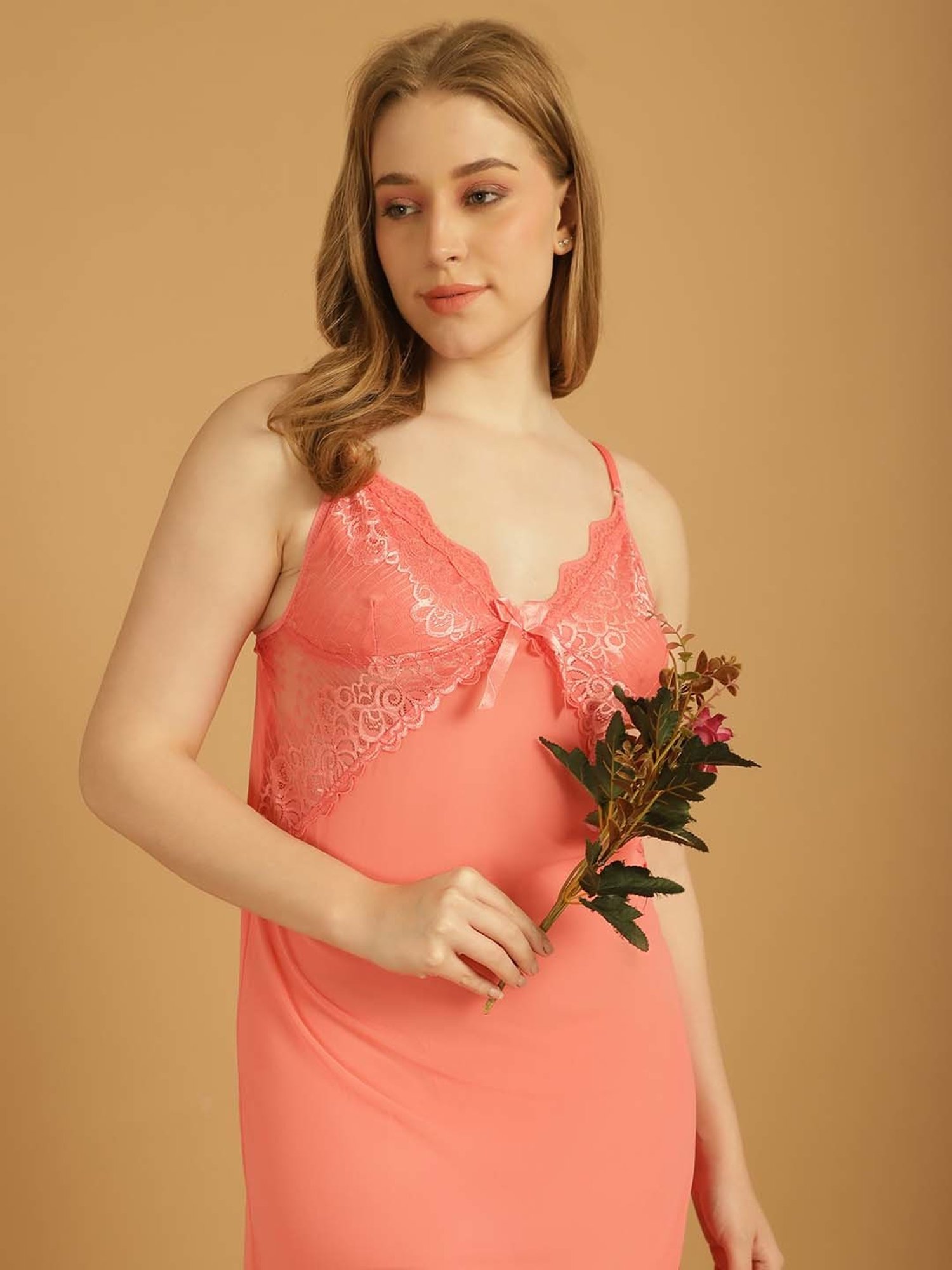 Stylee LIFESTYLE Peach Lace Work Babydoll With Brief