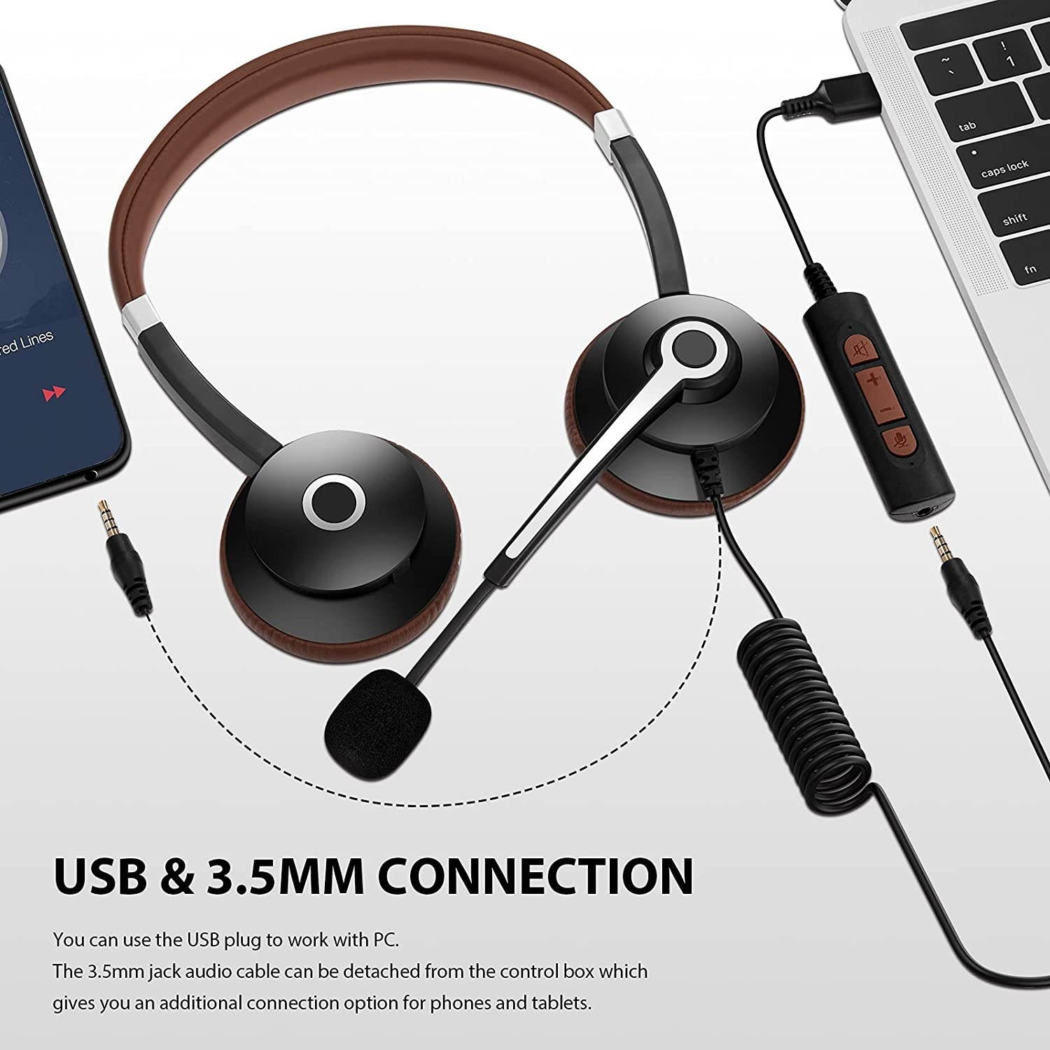 USB Headset with Microphone Noise Cancelling & in-line Call Controls Ultra Comfort 3.5mm Wired Headset for Cell Phone Computer Headset with Mute for PC Laptop Skype Webinar Home Office