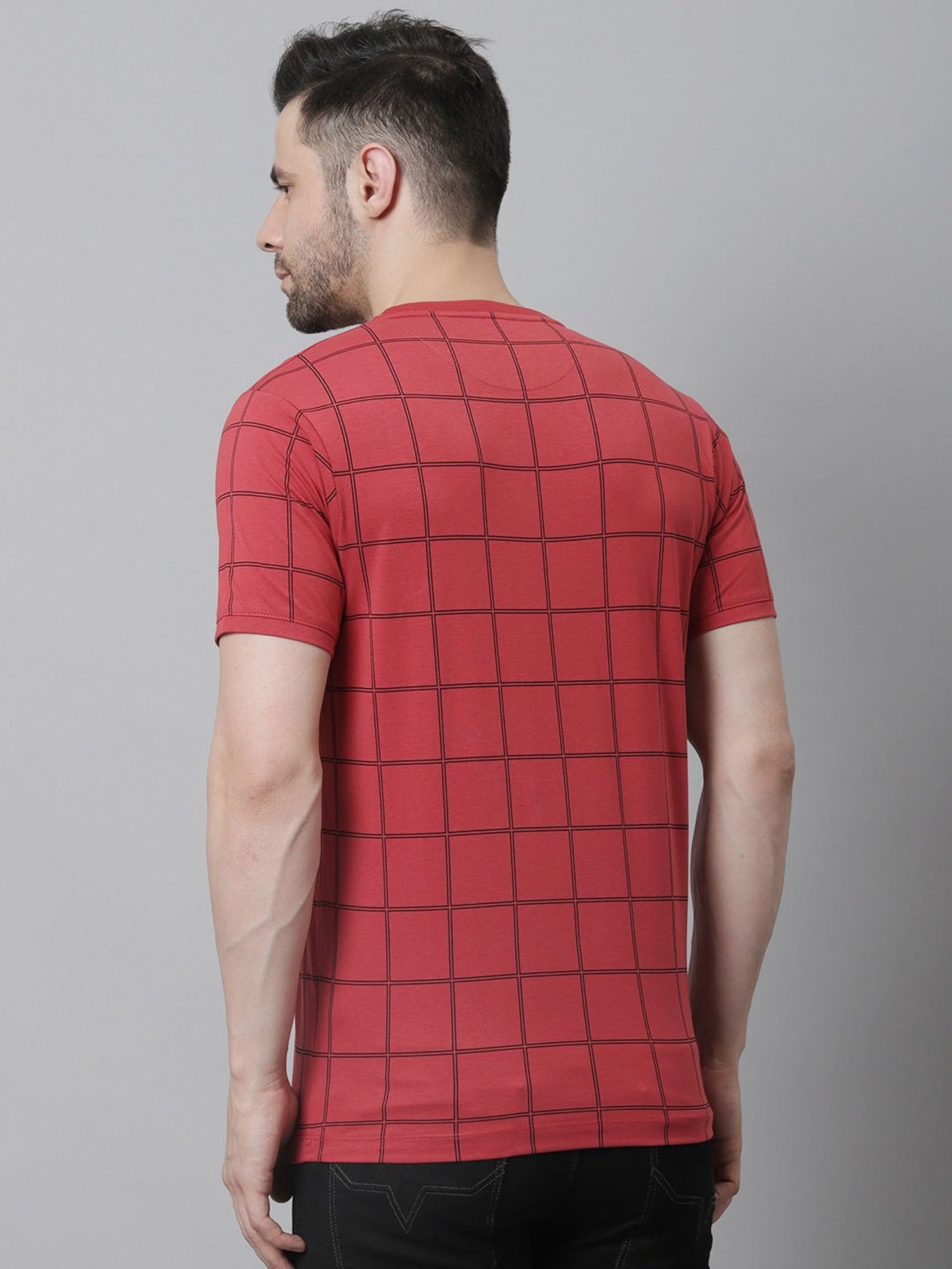 Venitian- Forbidden Clothing Red Slim Fit Check Crew T-Shirt