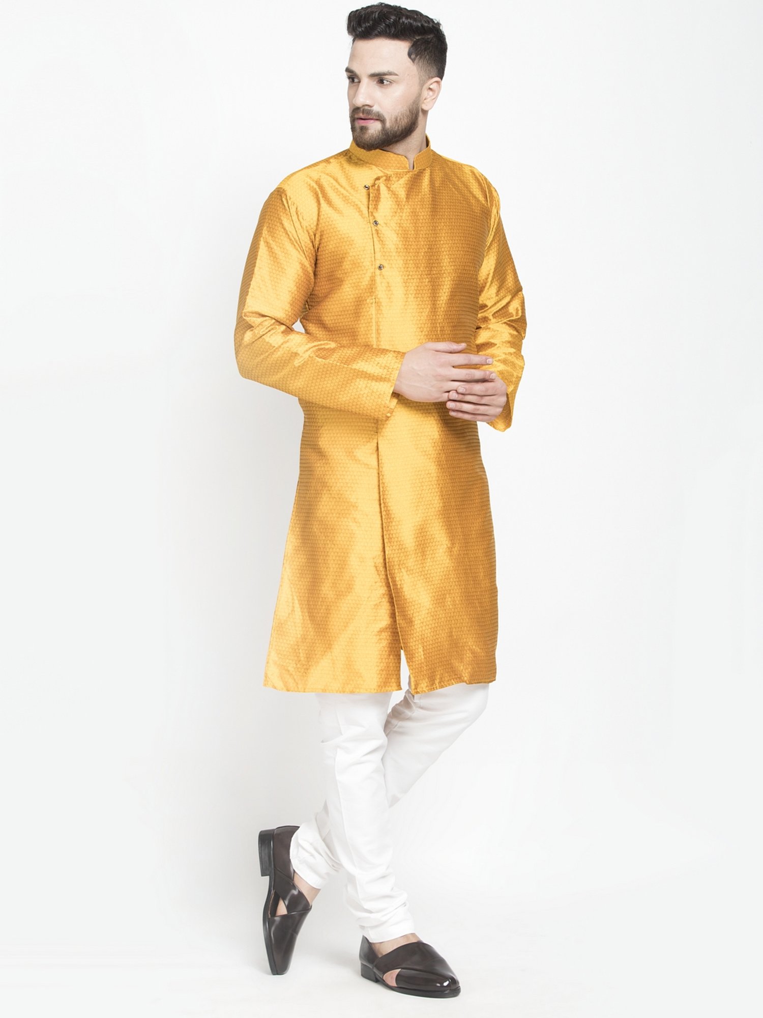 Benstoke Mustard & White Regular Fit Self Pattern Kurta Set