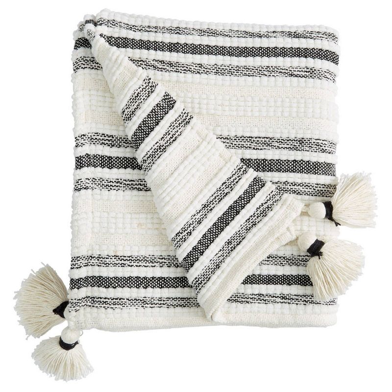 50"x60" Woven Striped Throw Blanket with Corner Tassels Black - Patina Vie