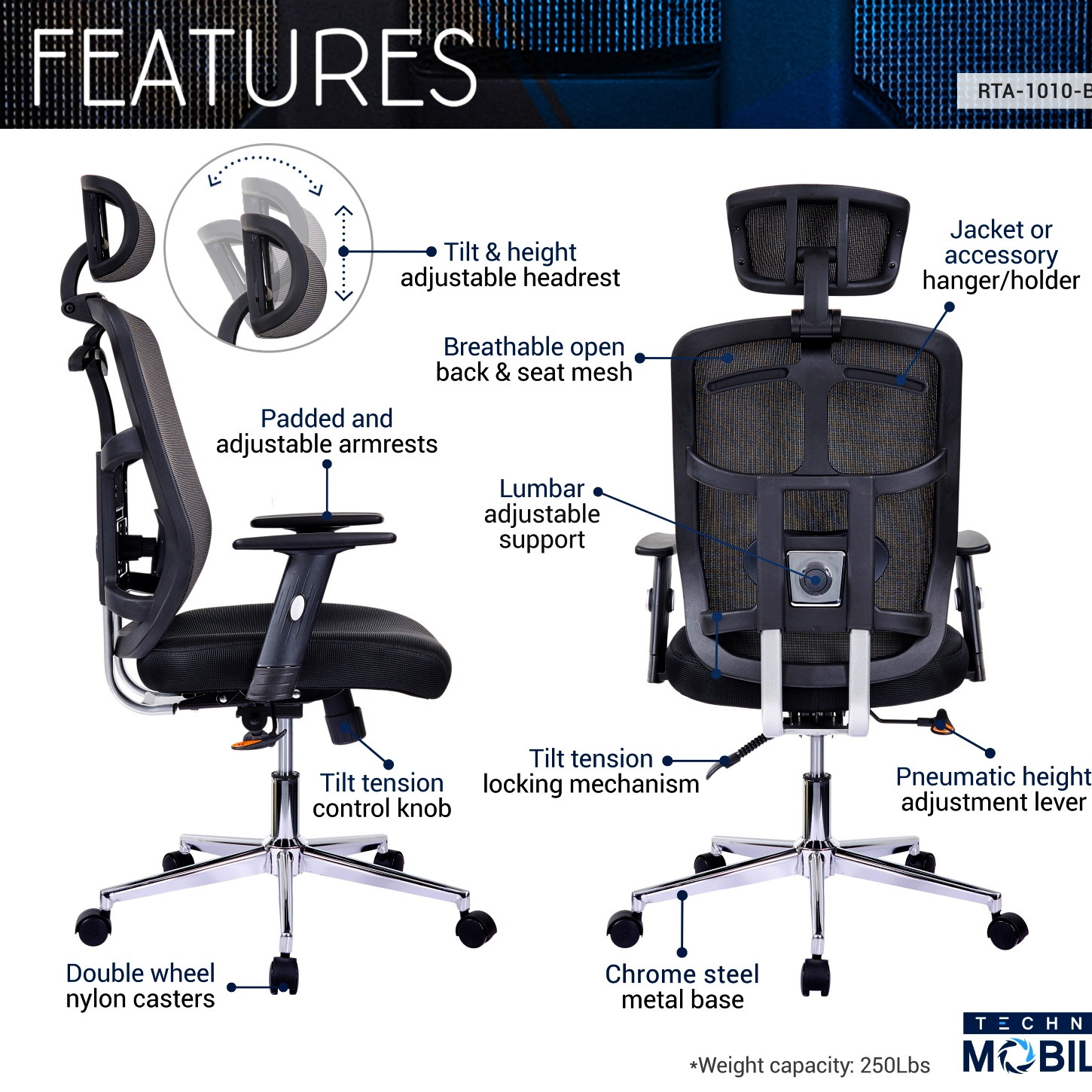 Techni Mobili High Back Executive Mesh Office Chair with Arms, Lumbar Support and Chrome Base, Black