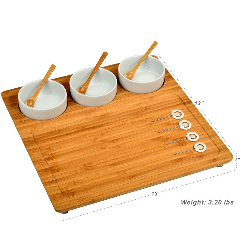Picnic at Ascot Bamboo Cheese Board/Charcuterie Platter w/Bowls & Bamboo Spoons & Cheese Markers - 13" x 13"