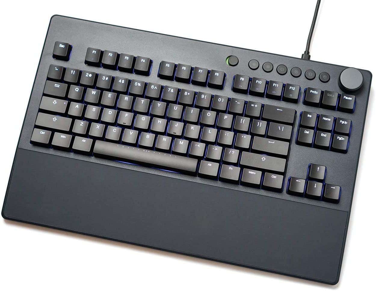 iKBC Table E401 White Backlit LED Mechanical Keyboard with Cherry MX Blue Switch for Windows/Mac, Tenkeyless Keyboards with Built-in Palmrest, Dark Gray Case, Black ABS 87 Keycaps, ASIN/US QWERTY