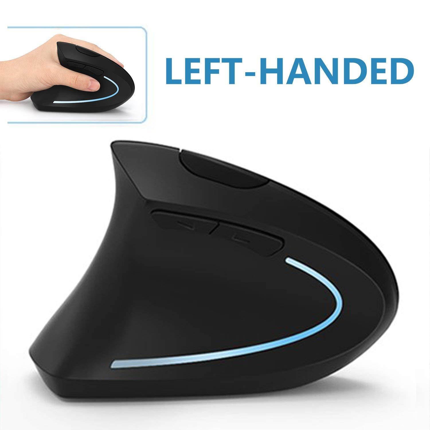 Left Handed Mouse, 7Lucky 2.4G Wireless LEFT HAND Ergonomic Vertical Mouse with Nano Receiver, Less Noise - Black