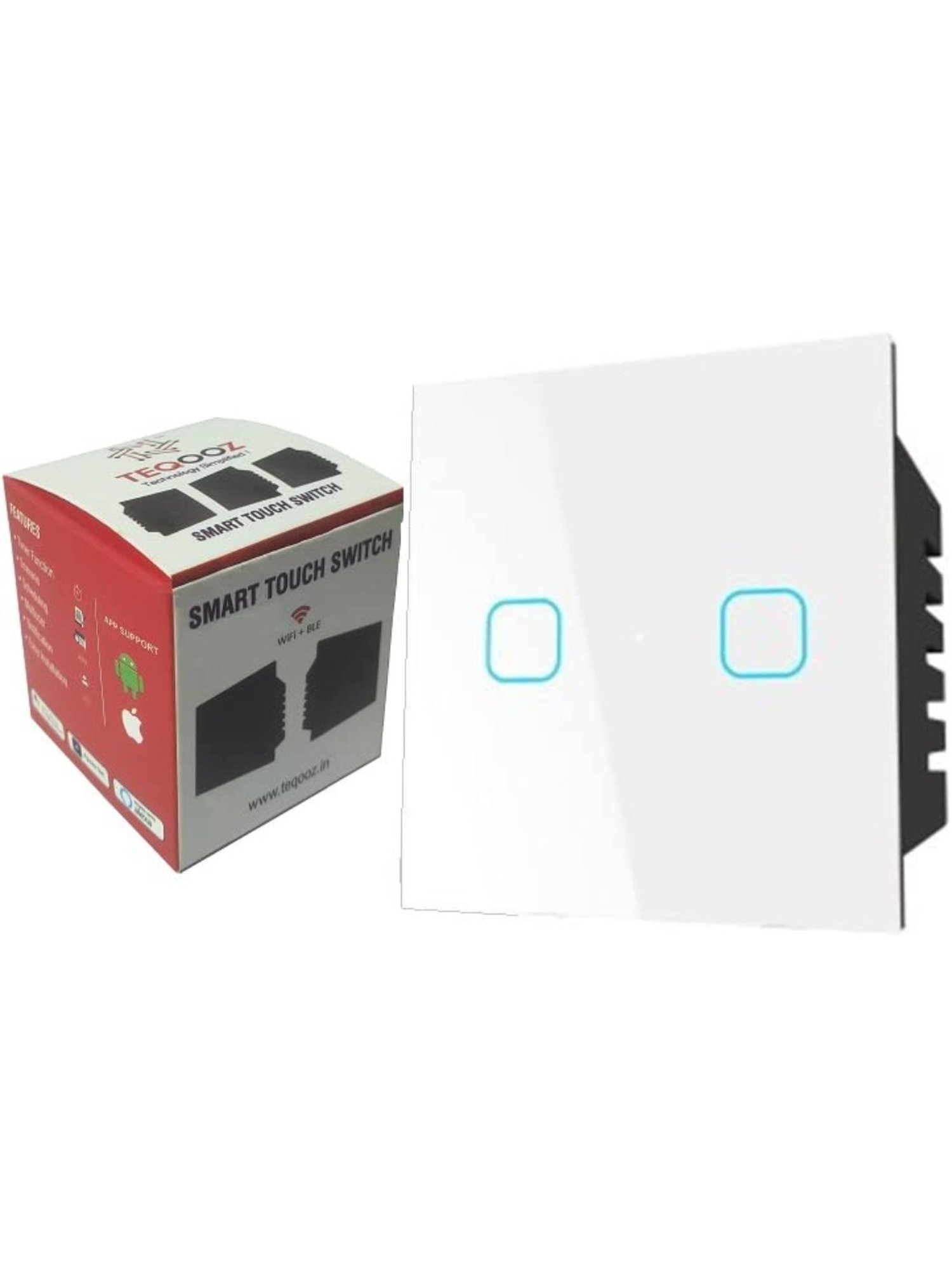 Teqooz 16Amp 2-Switch Smart Wi-Fi plus Bluetooth Touch Switch (White)