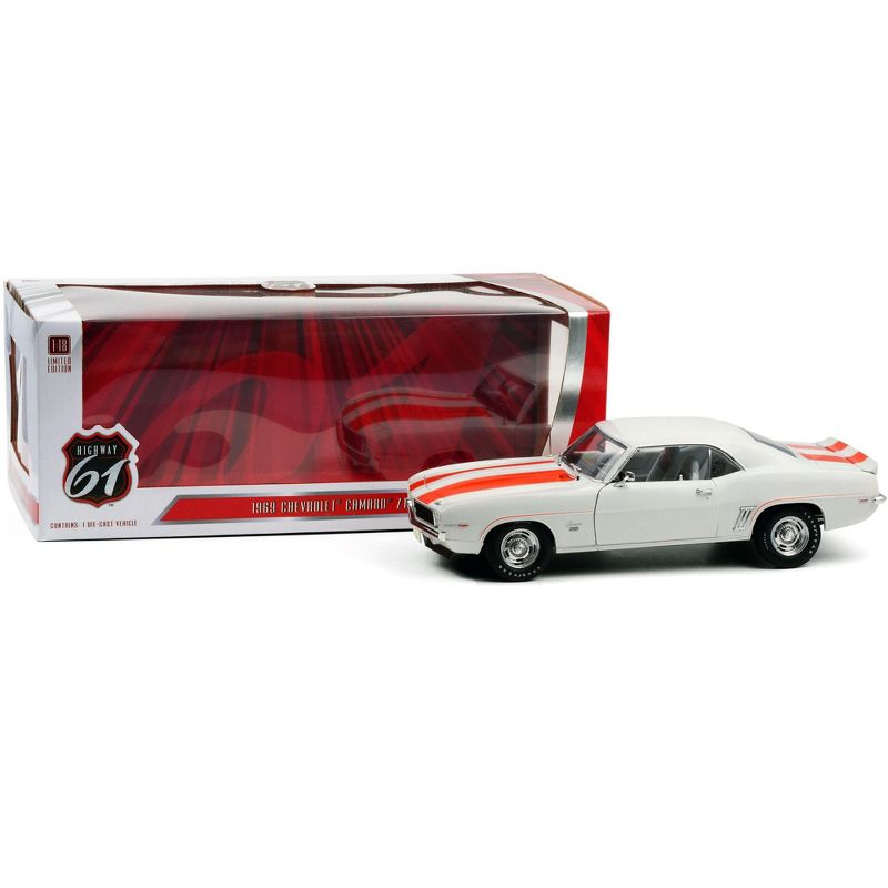 1969 Chevrolet Camaro SS Z10 White with Orange Stripes and Black Houndstooth Interior 1/18 Diecast Model Car by Highway 61