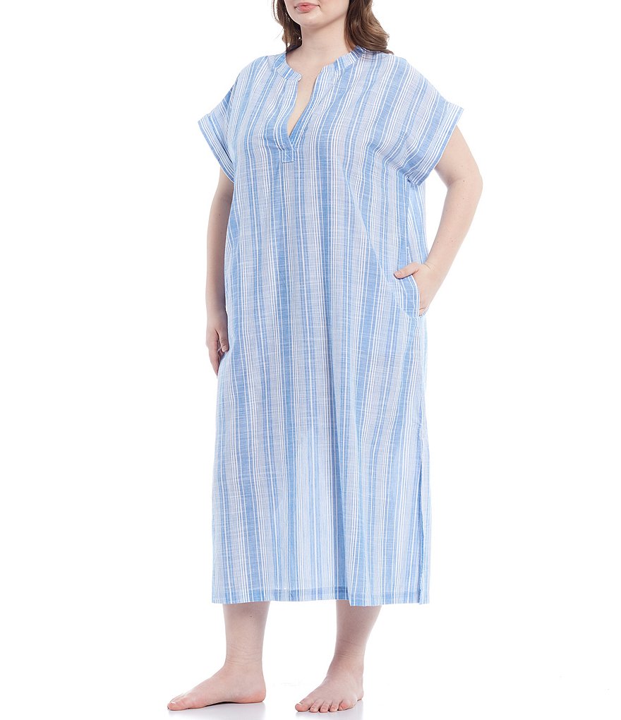 Kate Landry Plus Yarn-Dye Striped Short Sleeve Woven Long Caftan