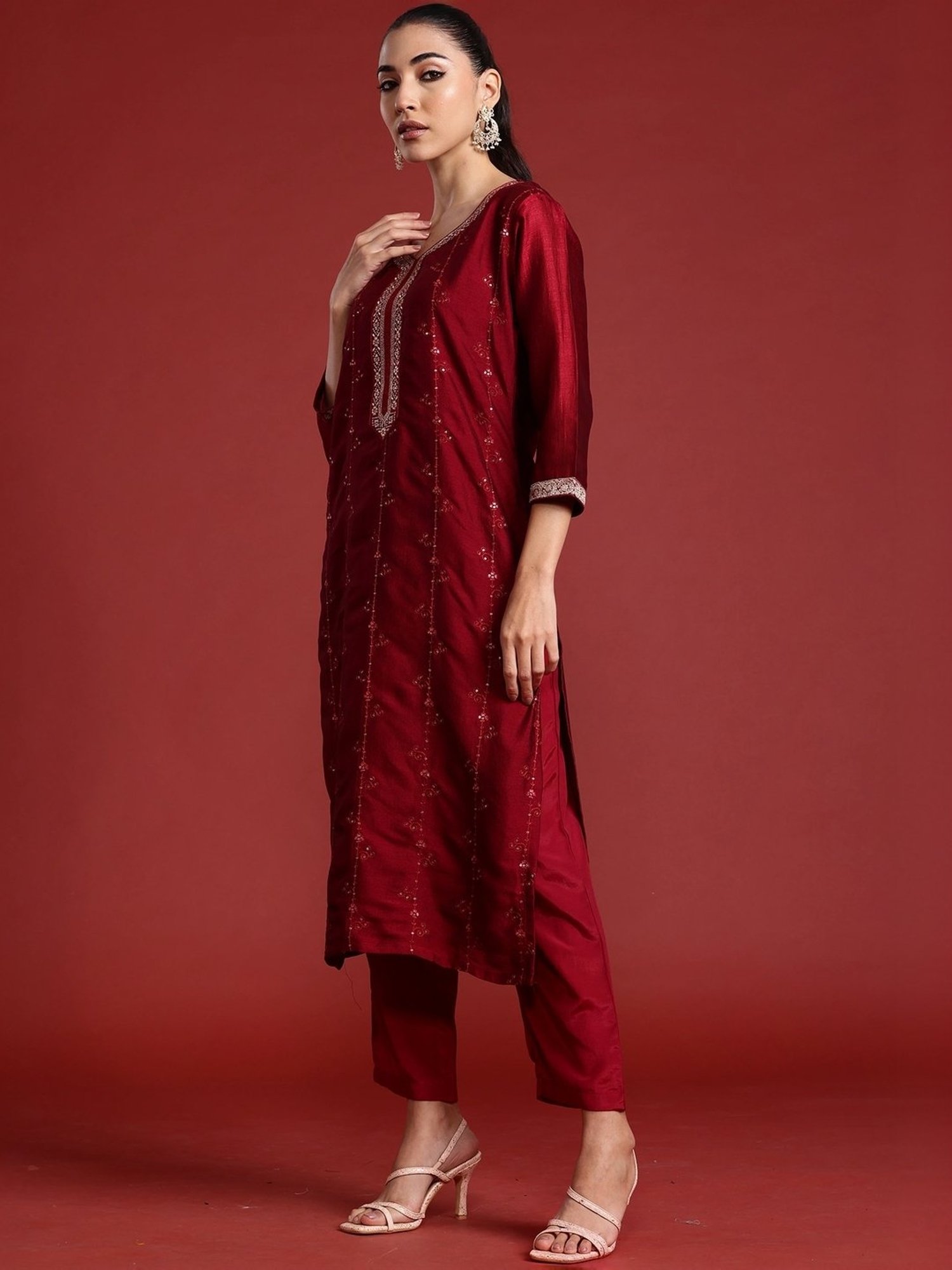 Indo Era Maroon Embroidered Kurta Pant Set With Dupatta