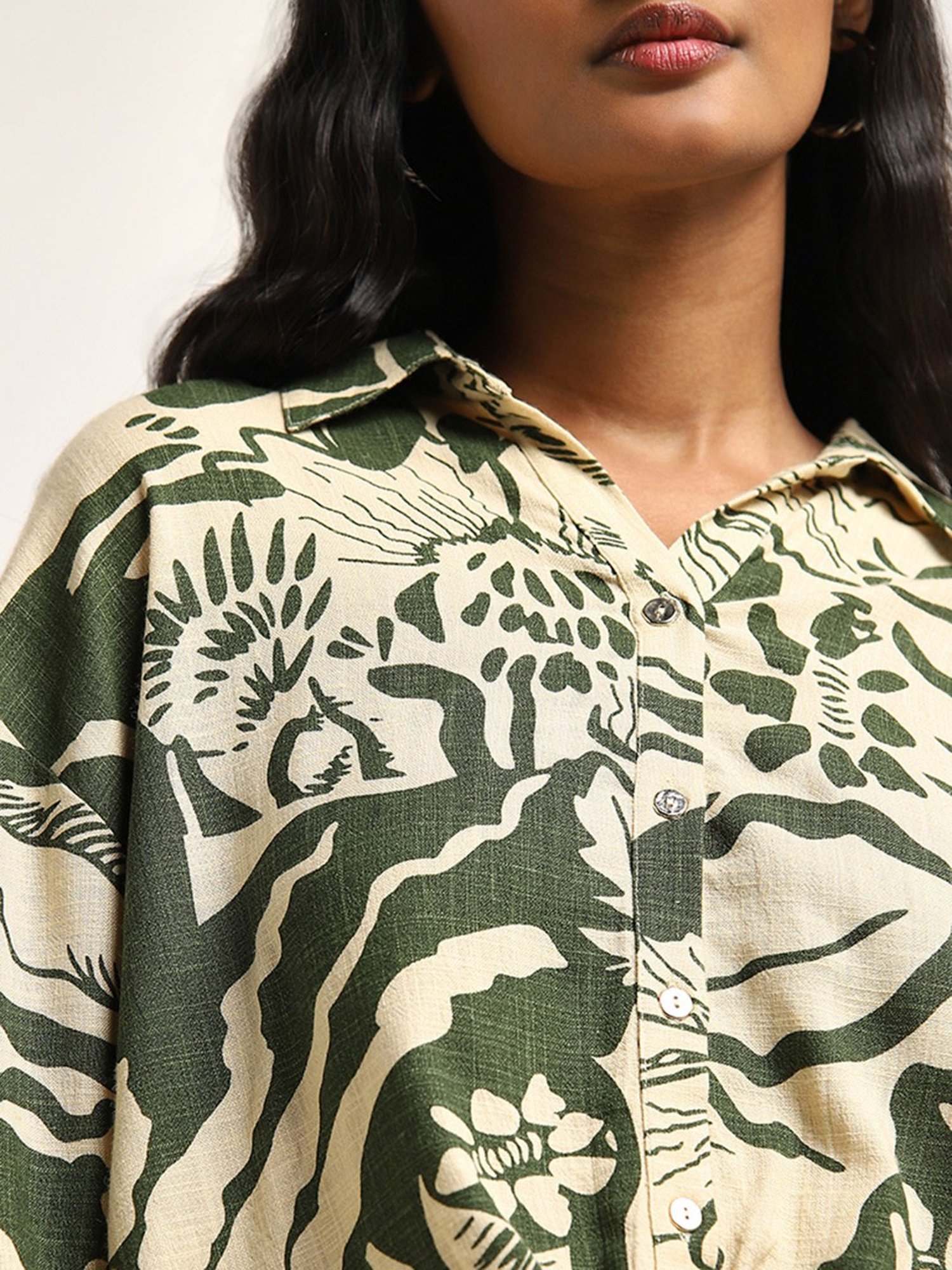 LOV by Westside Beige & Olive Abstract Printed Blended Linen Blouse