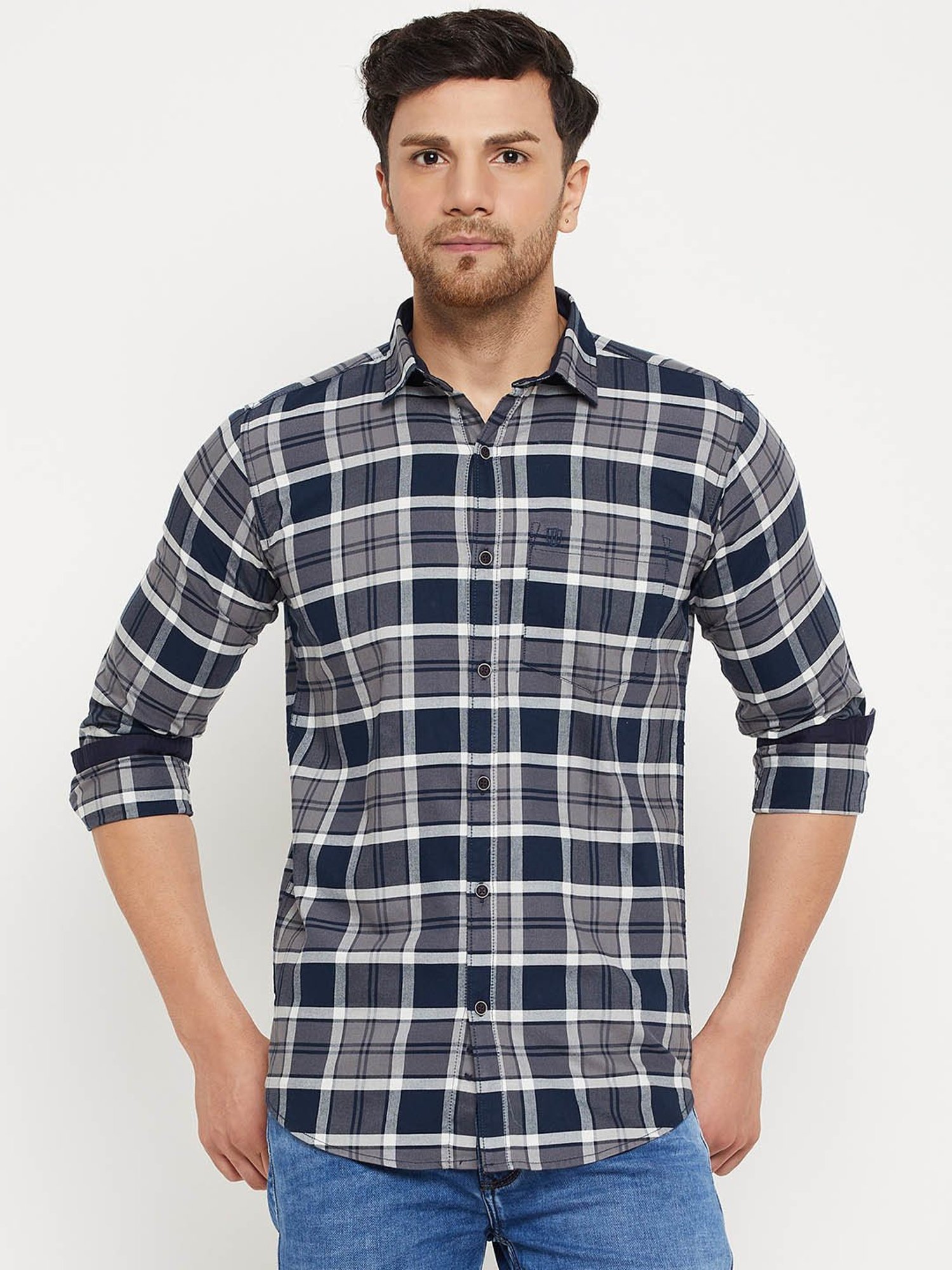 Duke Dark Grey Slim Fit Checks Shirt