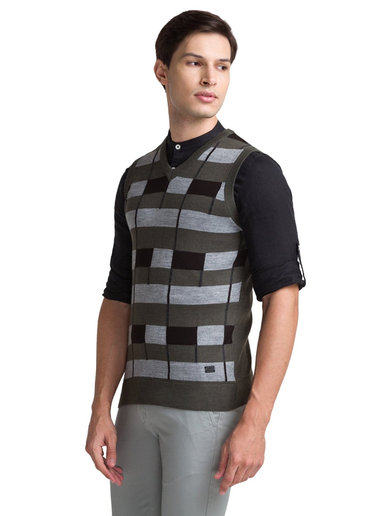 Parx Grey Regular Fit Striped Sweaters