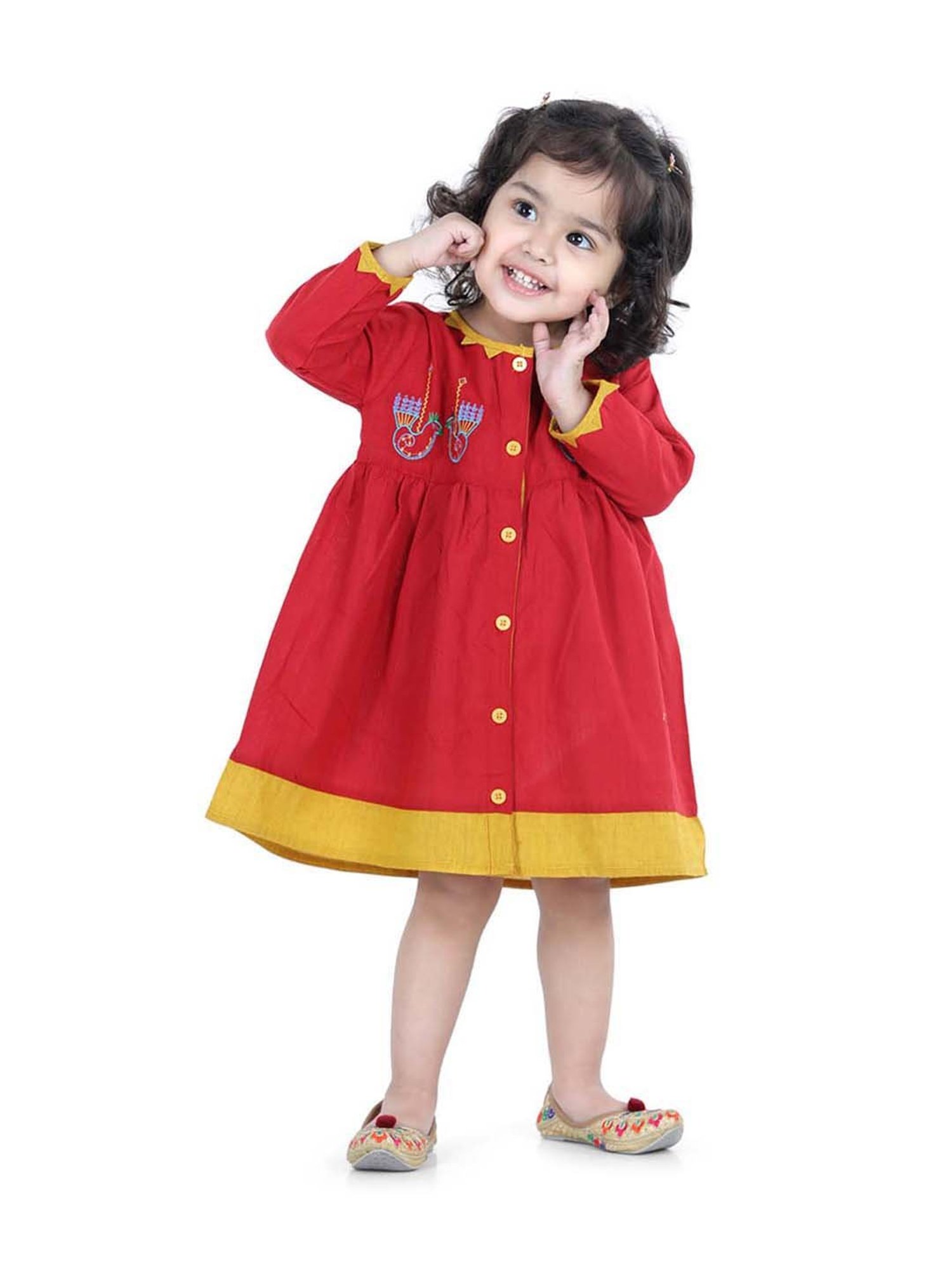 BownBee Kids Red & Yellow Cotton Embroidered Frock
