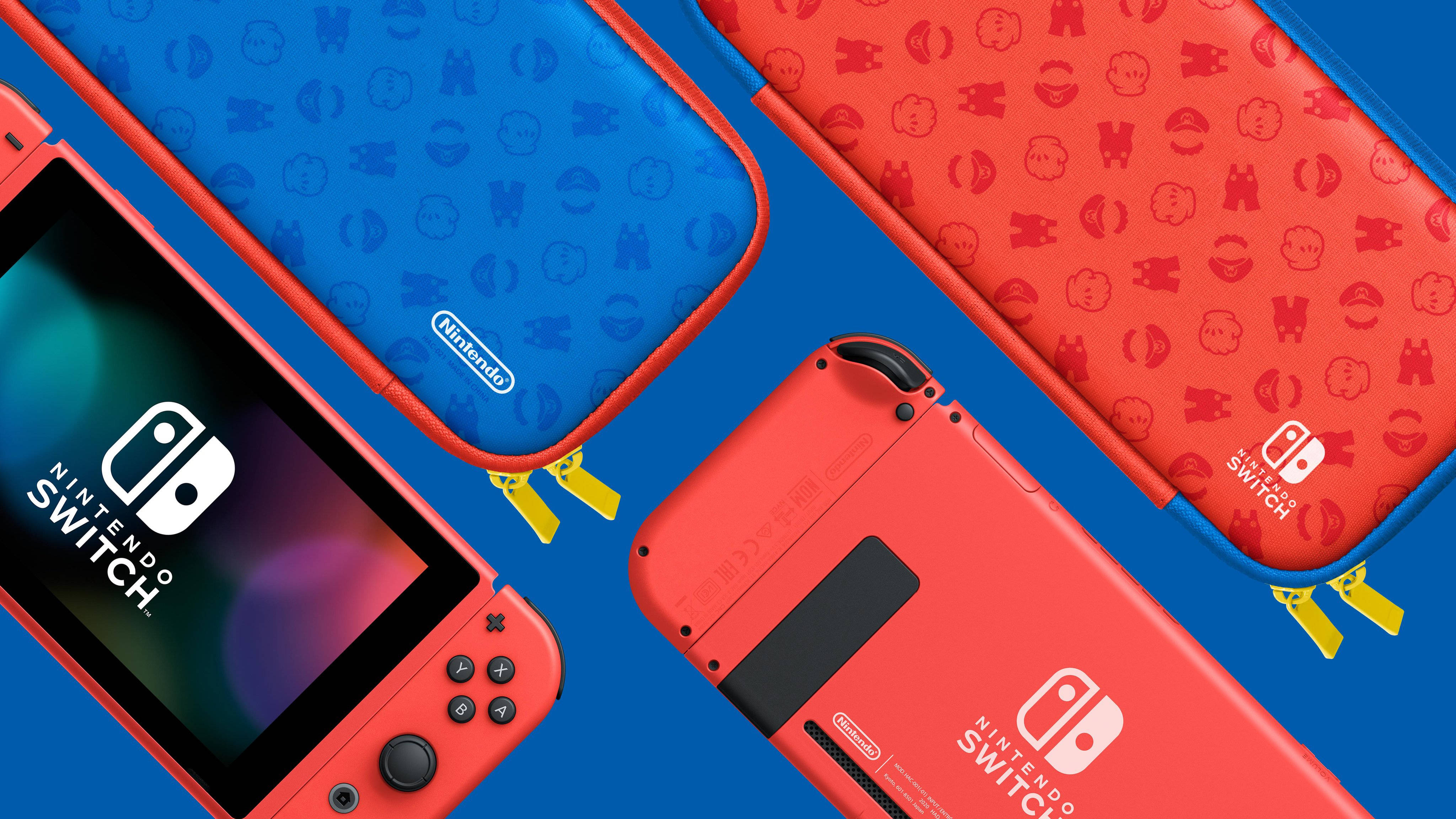 2021 New Nintendo Switch Mario Red & Blue Limited Edition with Mario Iconography Carrying Case and Screen Protector Bundle With Super Bomberman R And Mytrix Joystick Caps