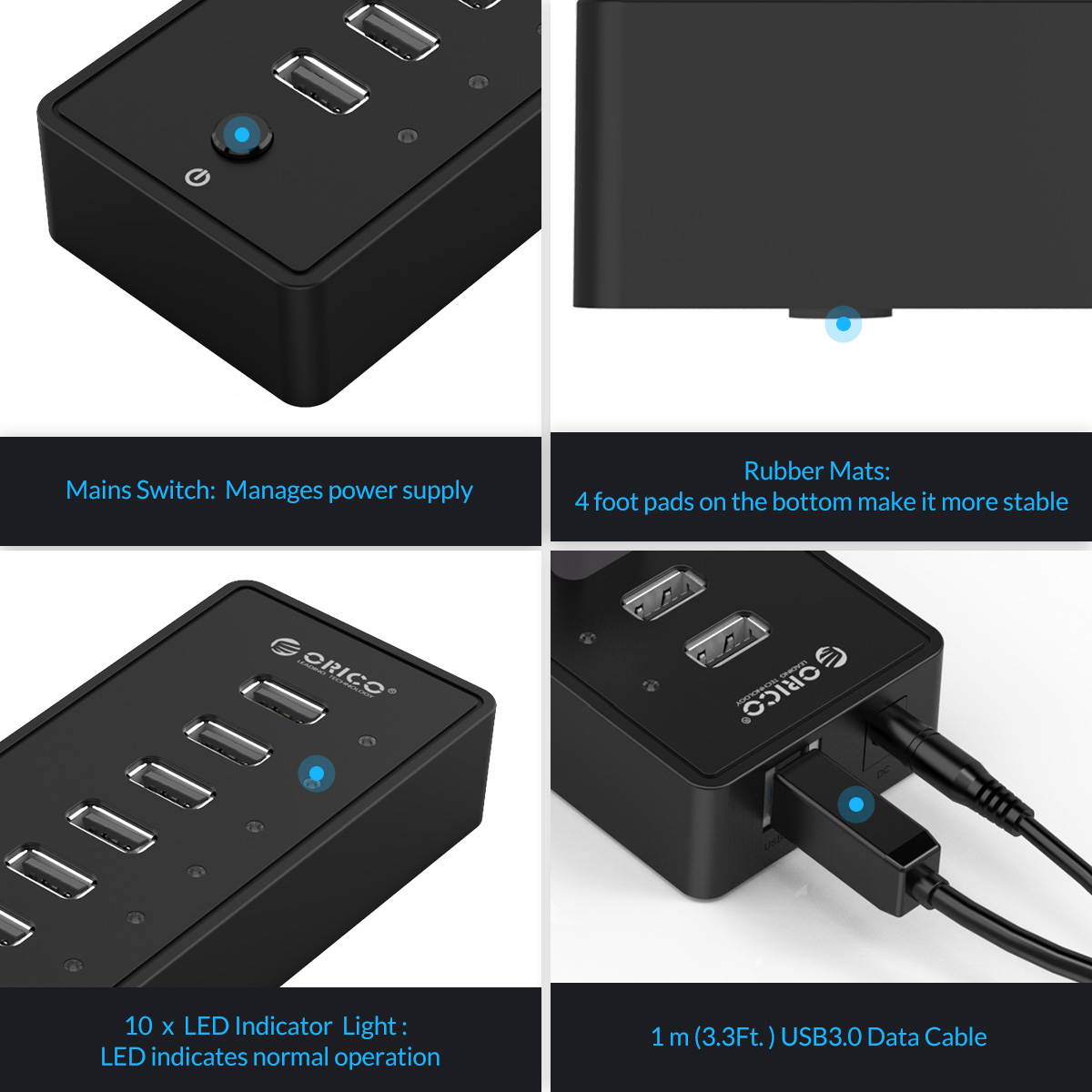 USB 3.0 Hub, Portable SuperSpeed 4 Port USB 3.0 Hub with Built-in Cable , USB Extension Multi-function USB Dock Hot Swapping Support for  Mac, PC, USB Flash Drives and Other Devices