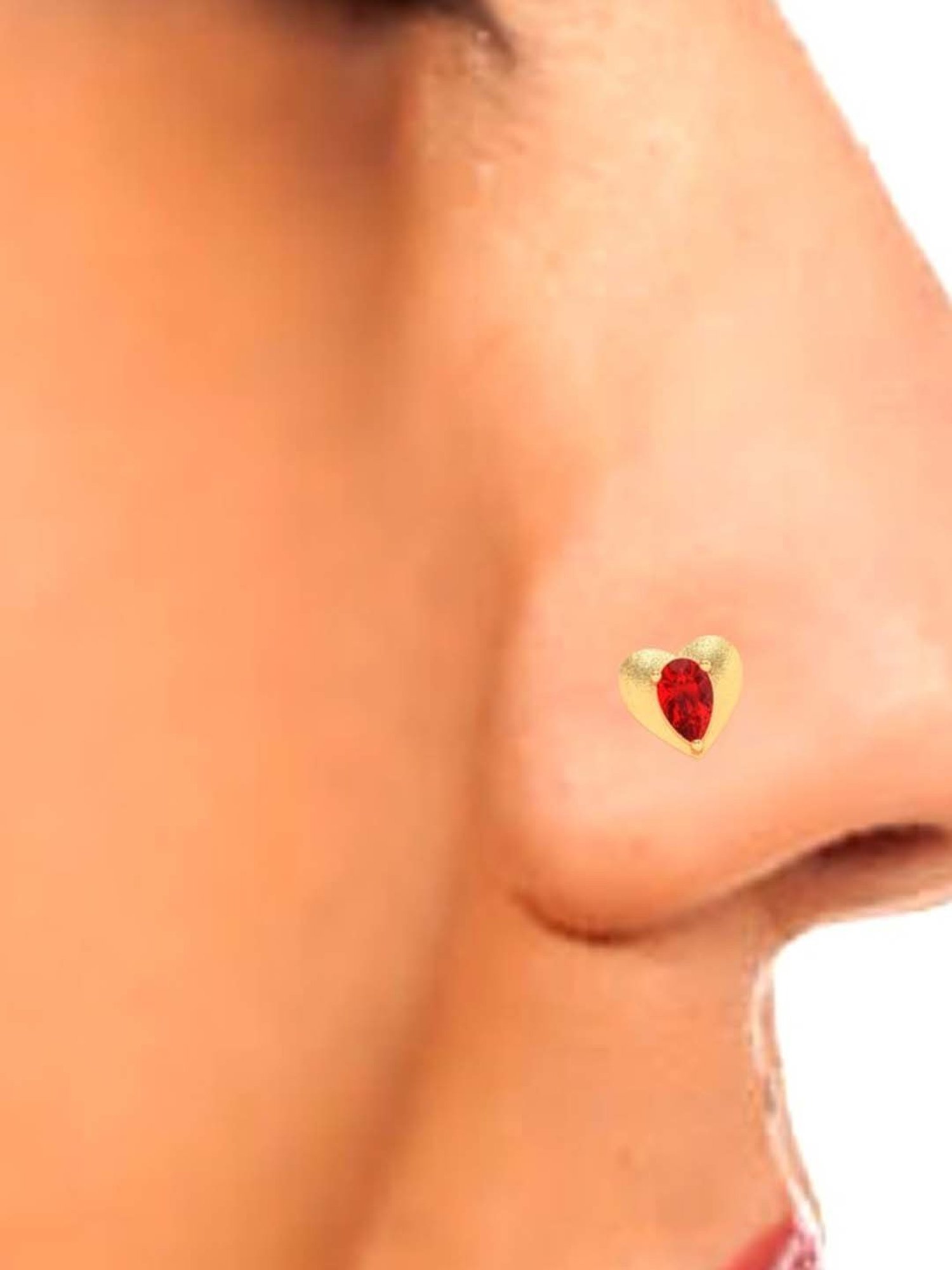 P.C. Chandra Jewellers 18k Gold Love Shaped Stud Red Stone Nosepin