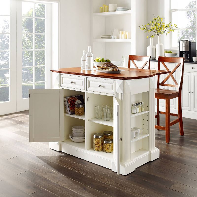 Coventry Drop Leaf Top Kitchen Island with 2 X-Back Stools White - Crosley
