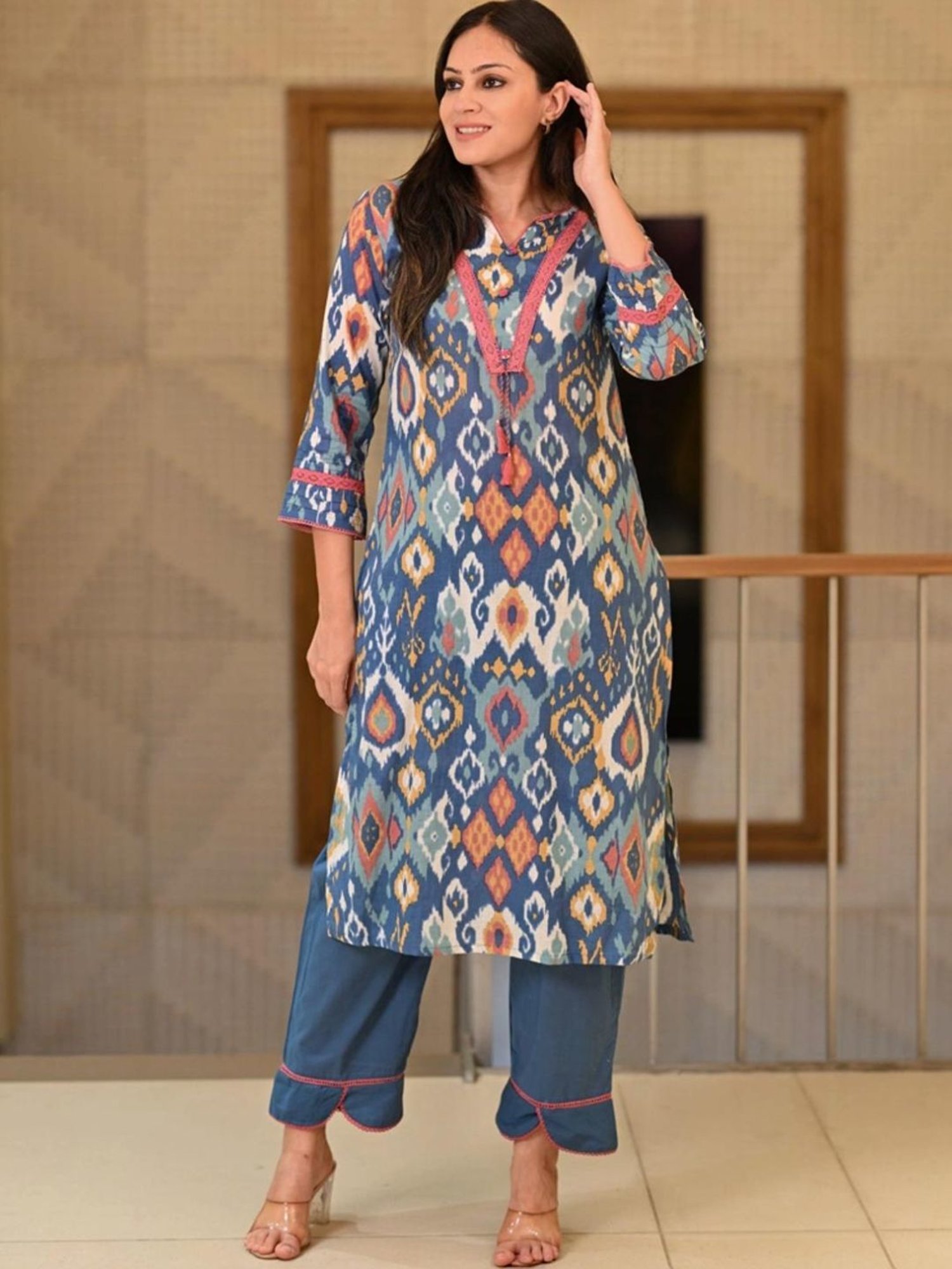 Mahee Jaipur Aegean Blue Ikkat Print Super Soft Cotton Kurta and Pant