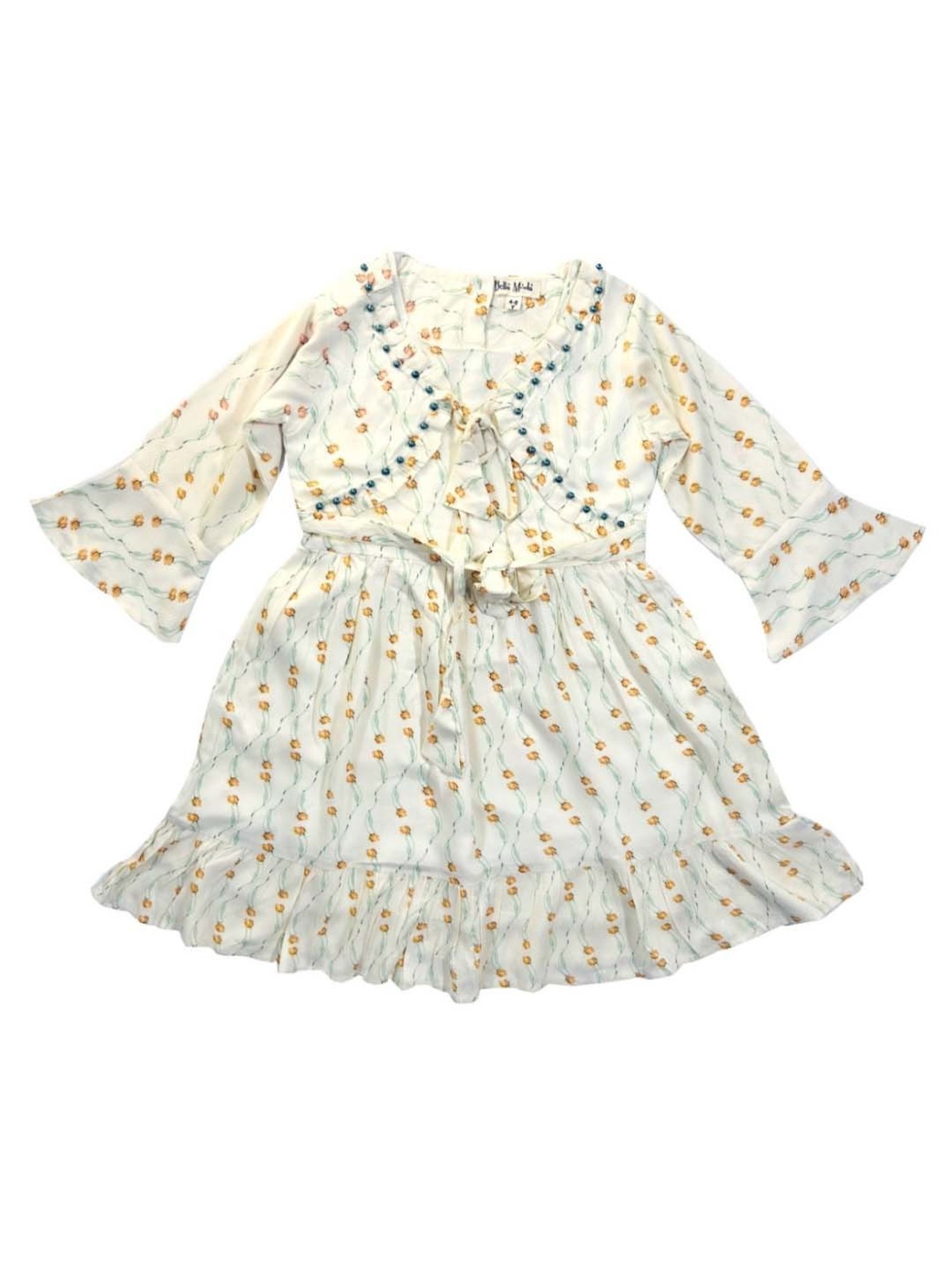 Bella Moda Kids White Cotton Floral Print Full Sleeves Dress