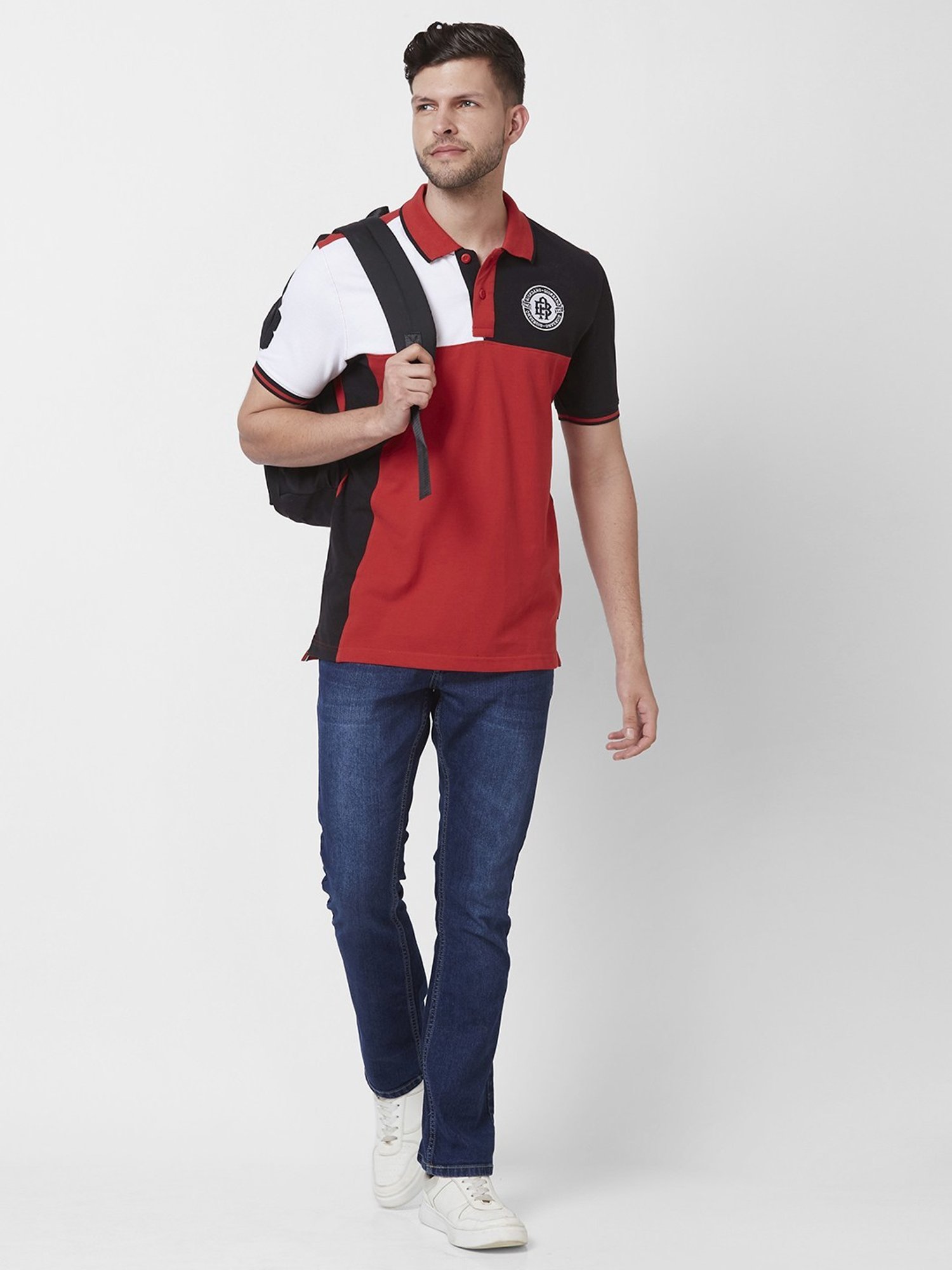 Giordano Red Cotton Slim Fit Colour Block Polo T-Shirt