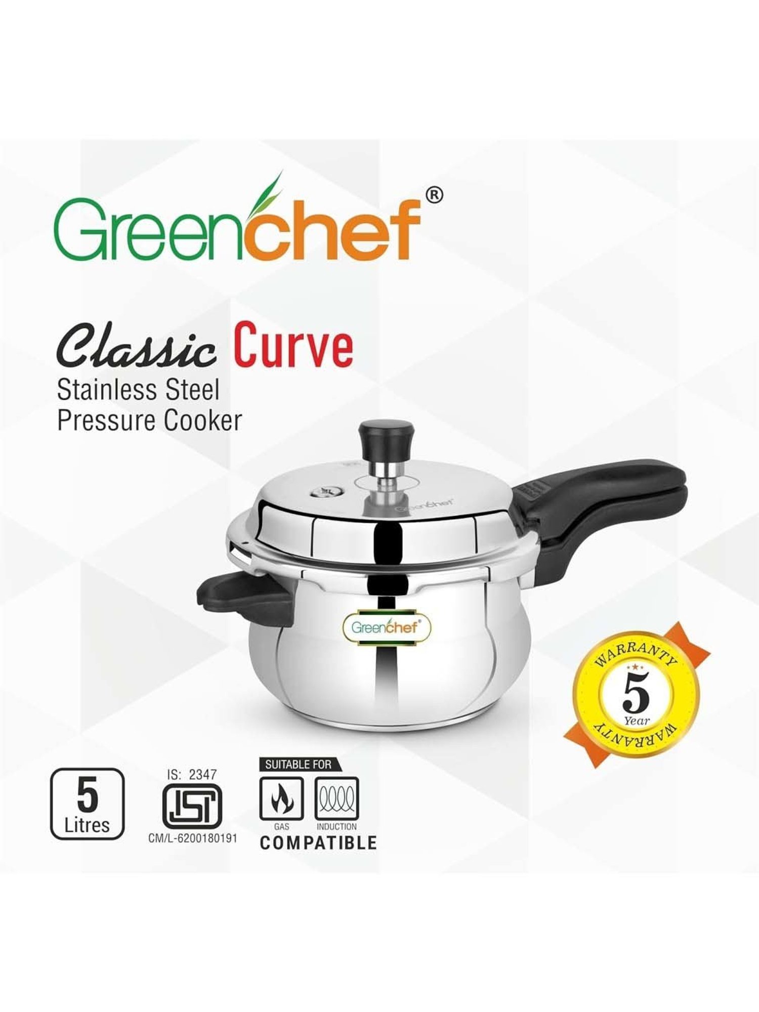 Greenchef Classic Curve Silver Stainless Steel Induction Bottom Pressure Cooker (5 L)