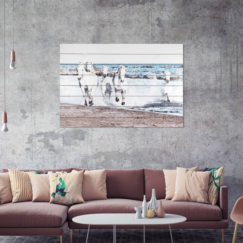 24" x 36" Running Horses Print on Planked Wood Wall Sign Panel Blue - Gallery 57
