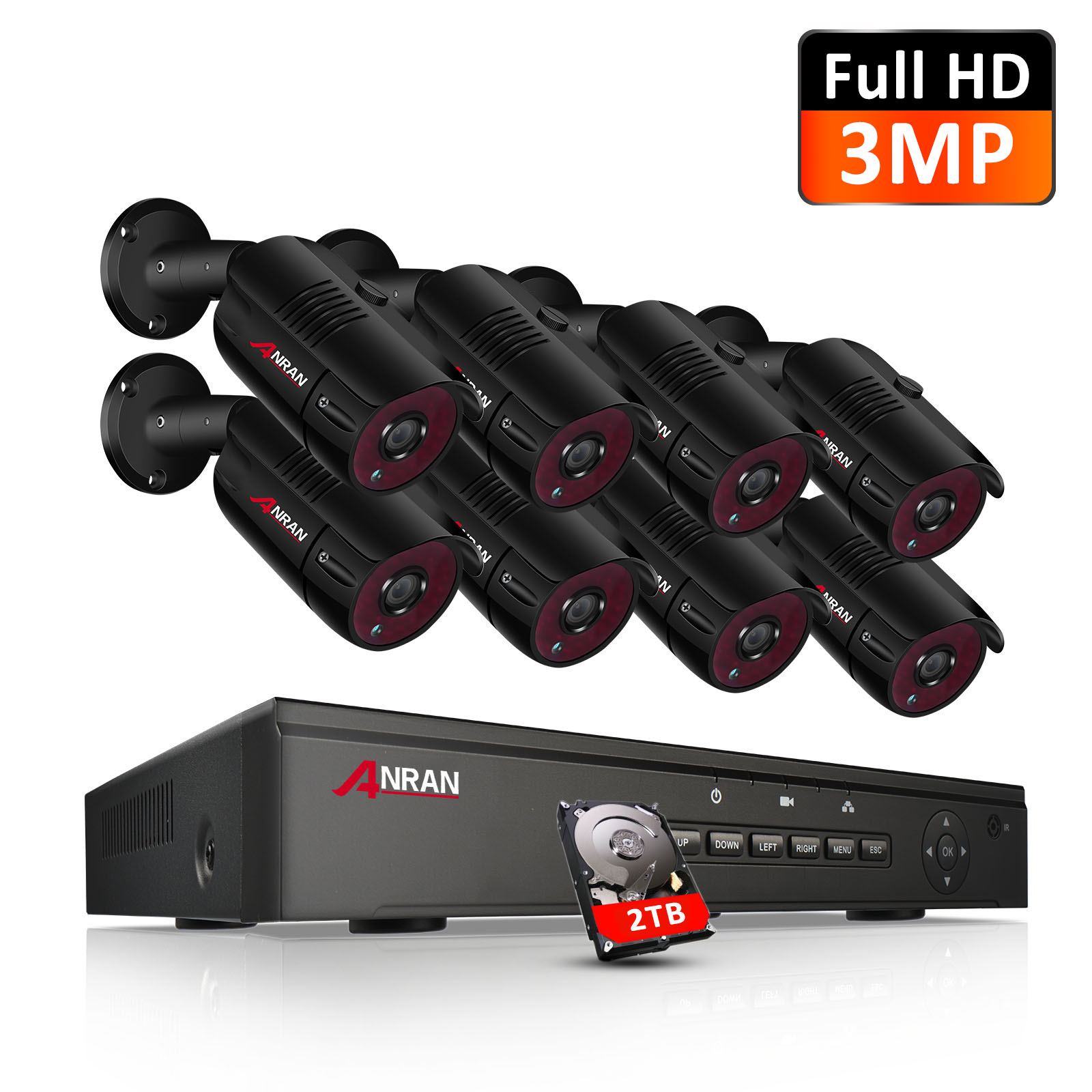 ANRAN 3MP 8CH PoE Video Surveillance System, 4pcs Wired Outdoor 1536P PoE IP Cameras,  8 Channel 5MP POE NVR Security System with 2TB HDD for 24/7 Recording, Night Vision, Email Alarm, Motion Detect