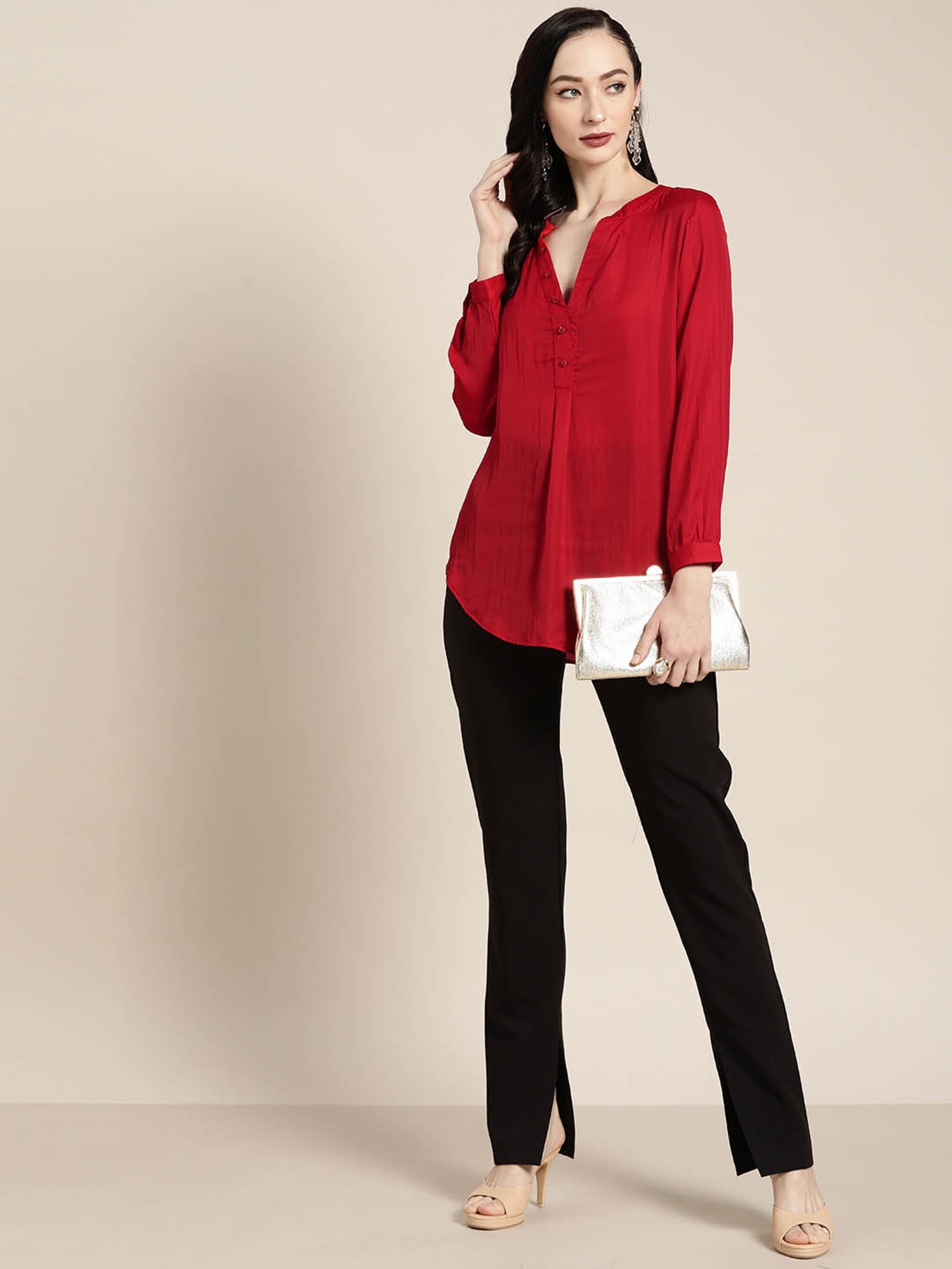 Qurvii Red Silk Regular Fit Top