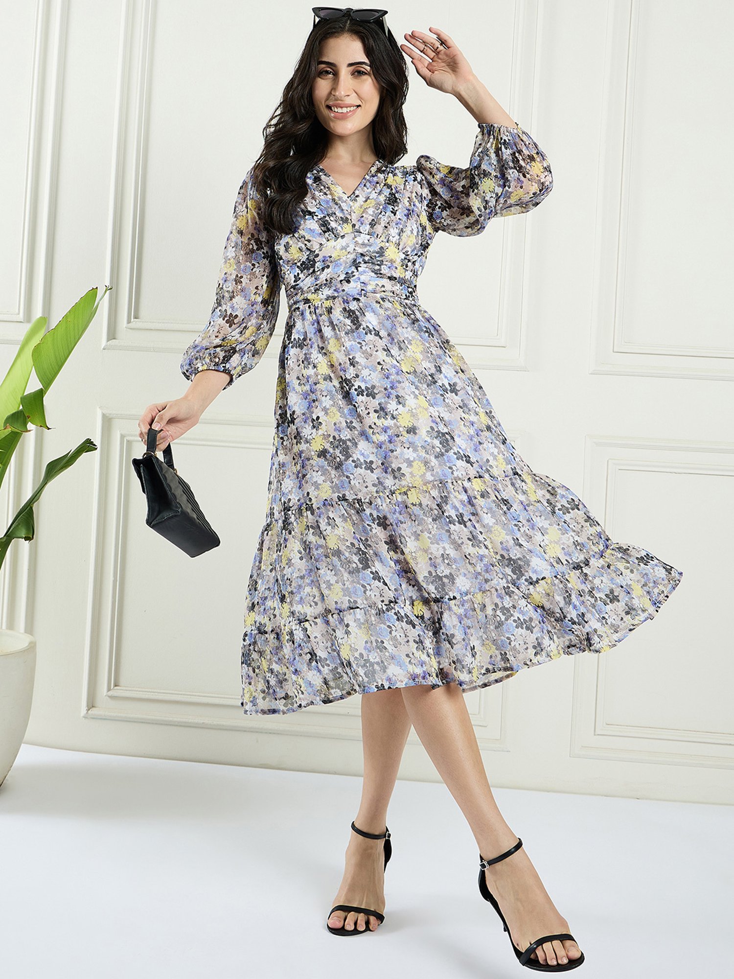 Magre Blue Floral Print Fit & Flare Dress