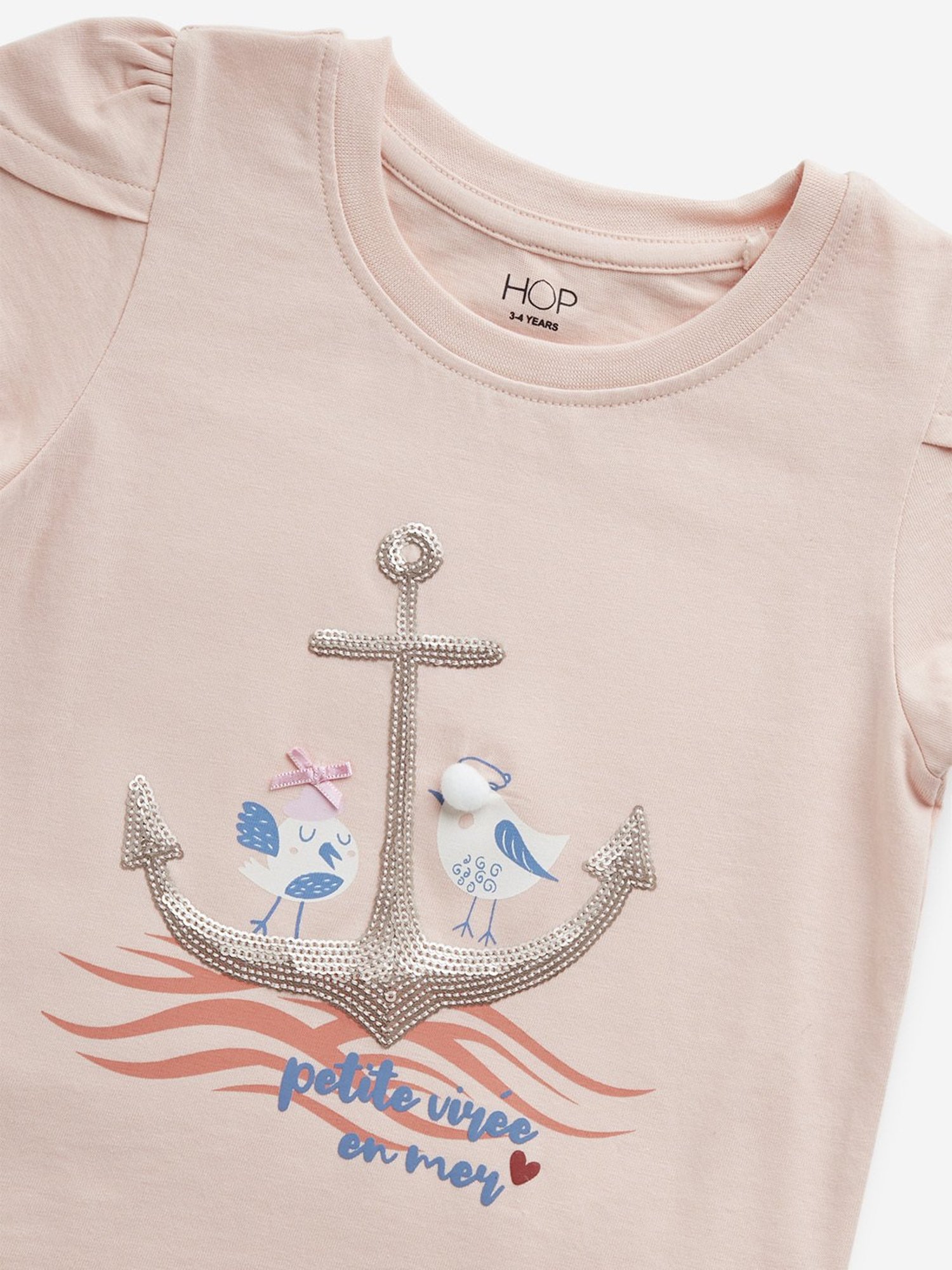 HOP Kids by Westside Peach Embellished Anchor Cotton T-Shirt
