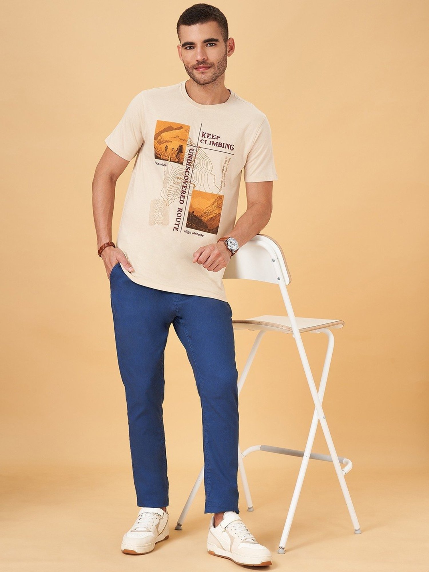 Urban Ranger by Pantaloons Beige Cotton Slim Fit Printed T-Shirt