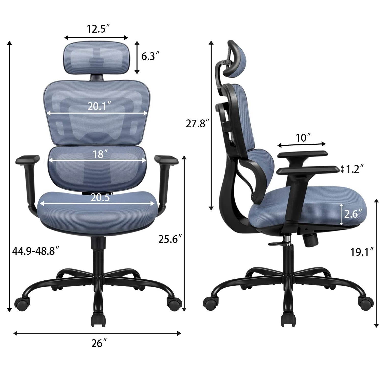 Furmax Ergonomic Office Chair Computer Desk Chair Mesh Fabric High Back Swivel Chair with Adjustable Headrest and Armrests Executive Rolling Chair with Curved Lumbar Support (Gray)