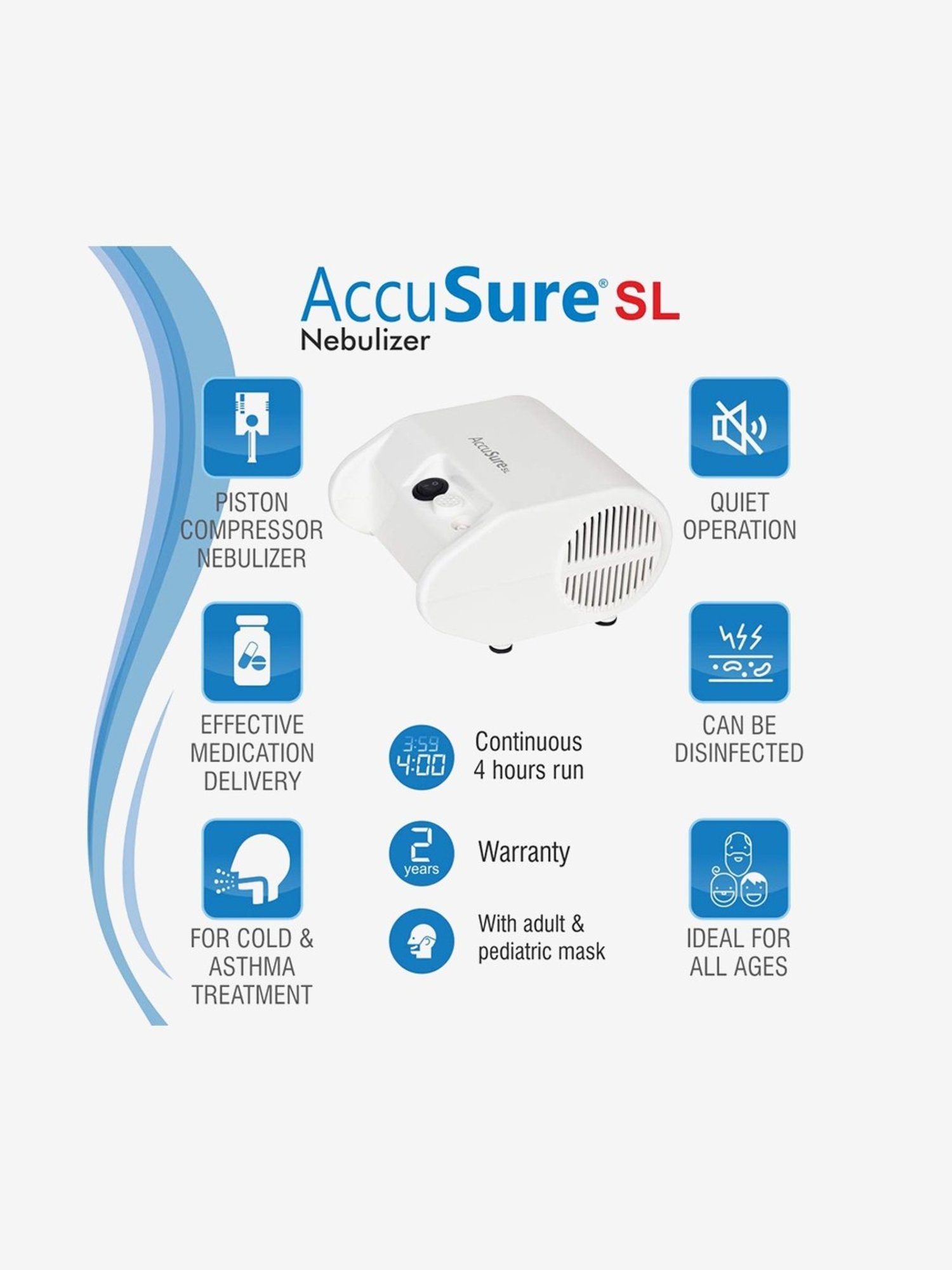 AccuSure SL Nebulizer Compressor Nebulizer Machine Kit with Mouth Piece, Child and Adult Mask