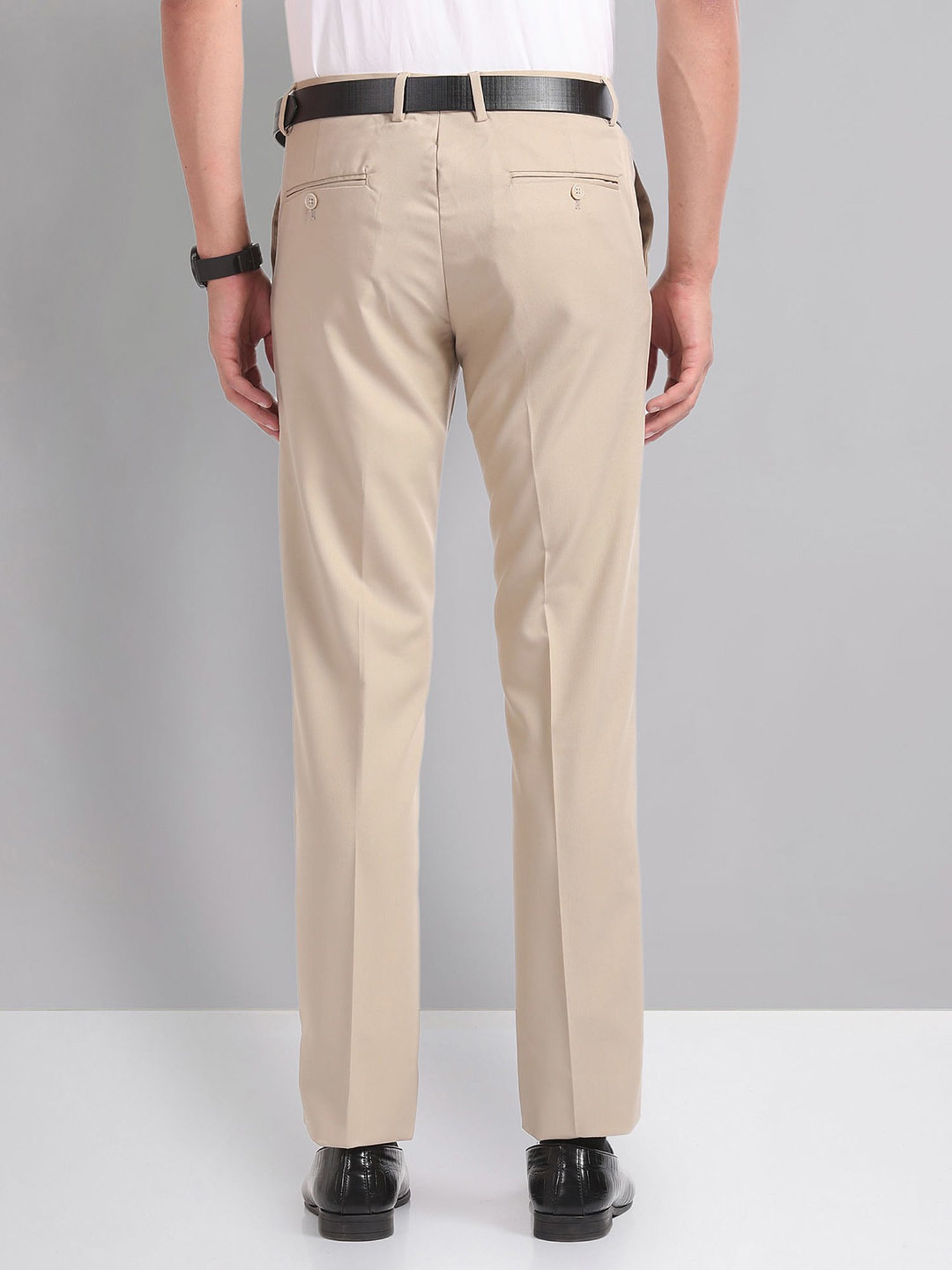 AD by Arvind Light Beige Slim Fit Textured Flat Front Trousers