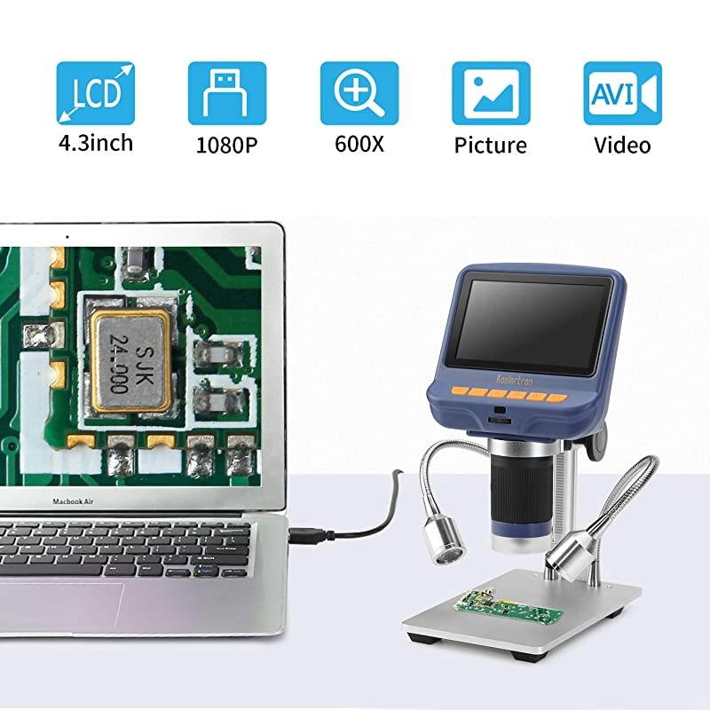 43 inch 1080P LCD Digital USB Microscope with 10X220X Magnification Zoom8 LED Adjustable LightCamera Video Recorder for Phone Repair Soldering Tool Jewelry Appraisal Biologic Use