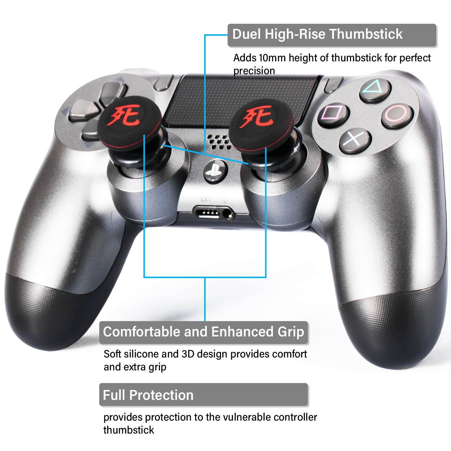 FPS Thumbstick Extender & Printing Rubber Silicone Grip Cover 2 Sets for PS5 Dualsenese & PS4 Controller (Death of Kanji)