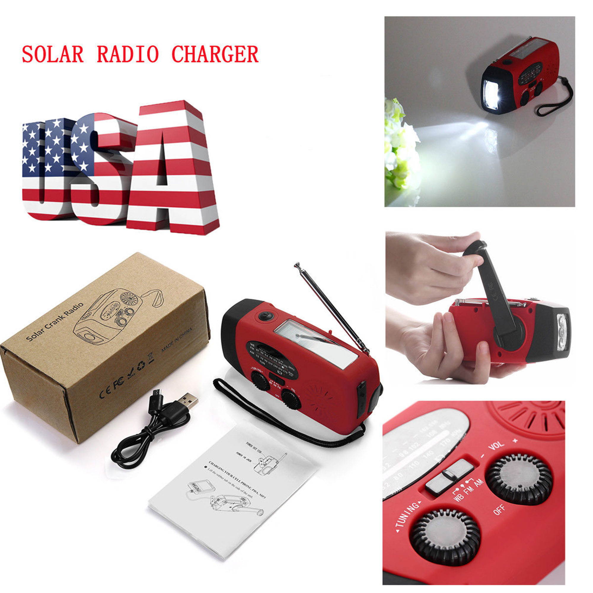 Weather Alert Radio AM/FM/WB Alert Emergency Radio Solar Hand Crank Dynamo LED Flashlight