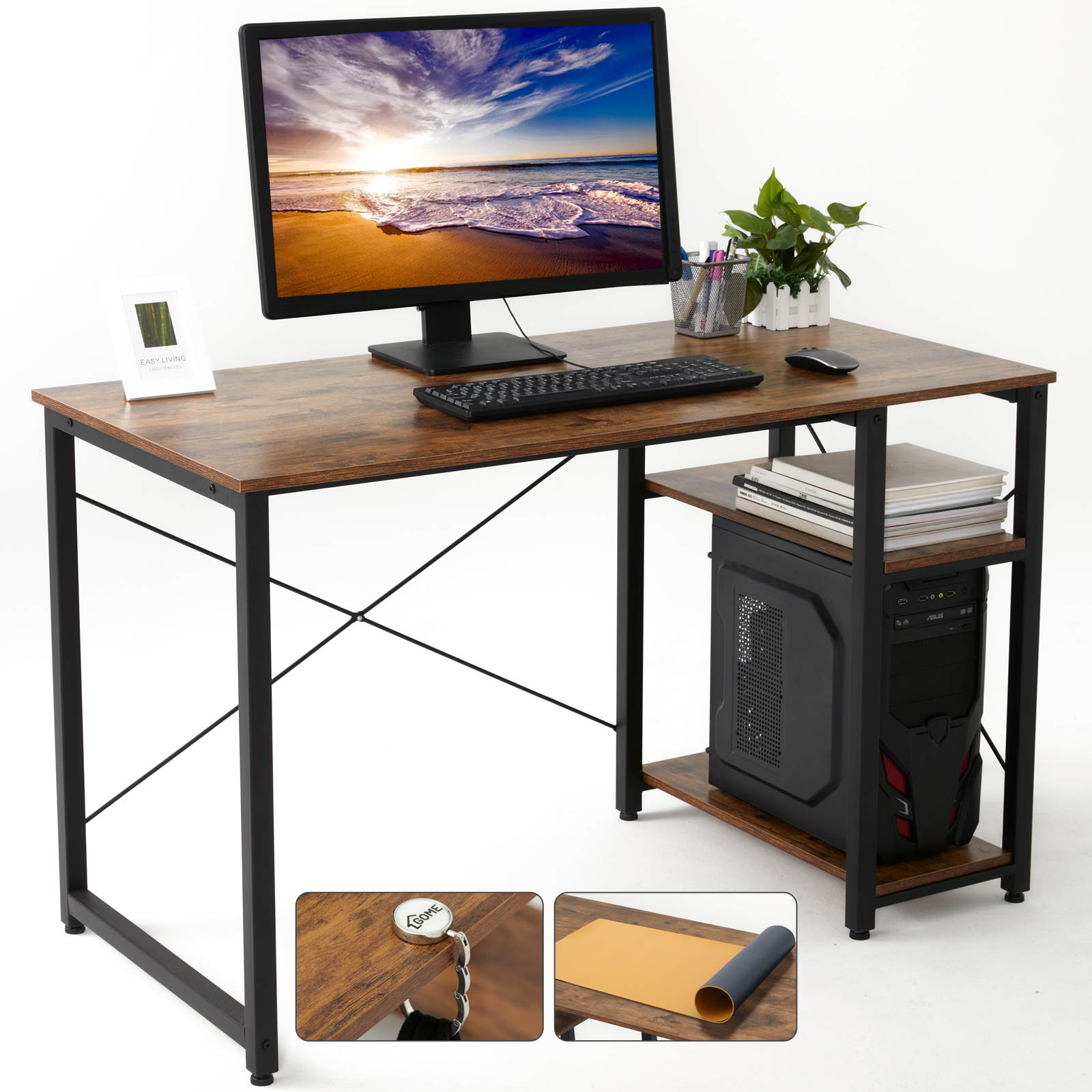 Gome Home Office Computer Desk with Shelves - 47 Inch Large Writing Study Desk with Storage Bookshelf, Modern Simple PC Desk for Small Space, Industrial Work Wood Desk Easy Assemble