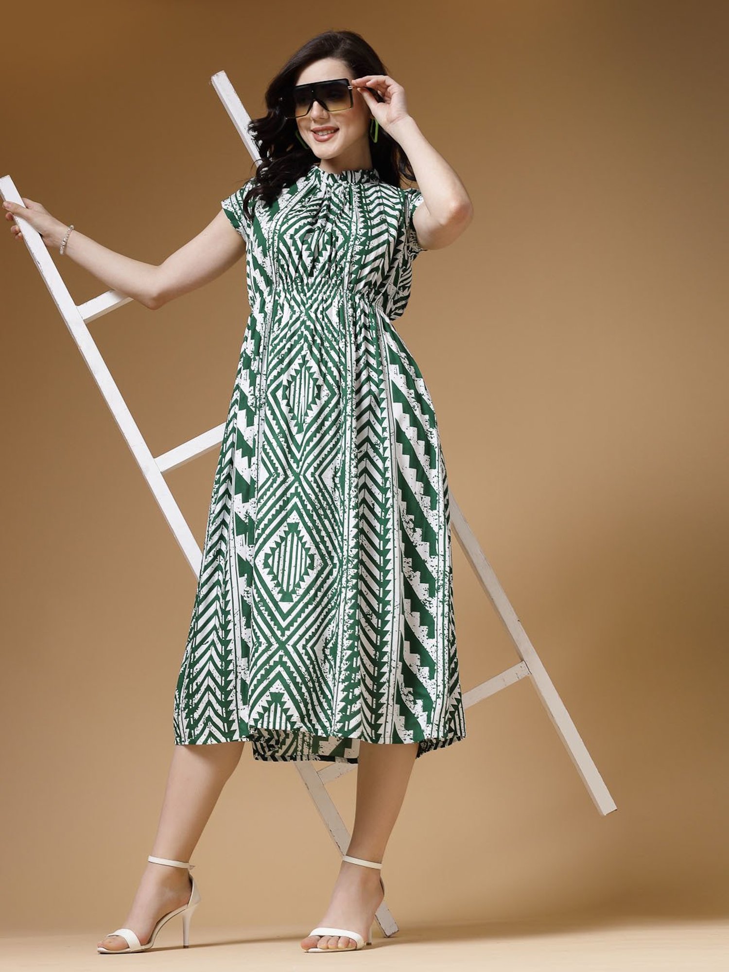 Indibelle Green Geometric Print Ethnic Dress