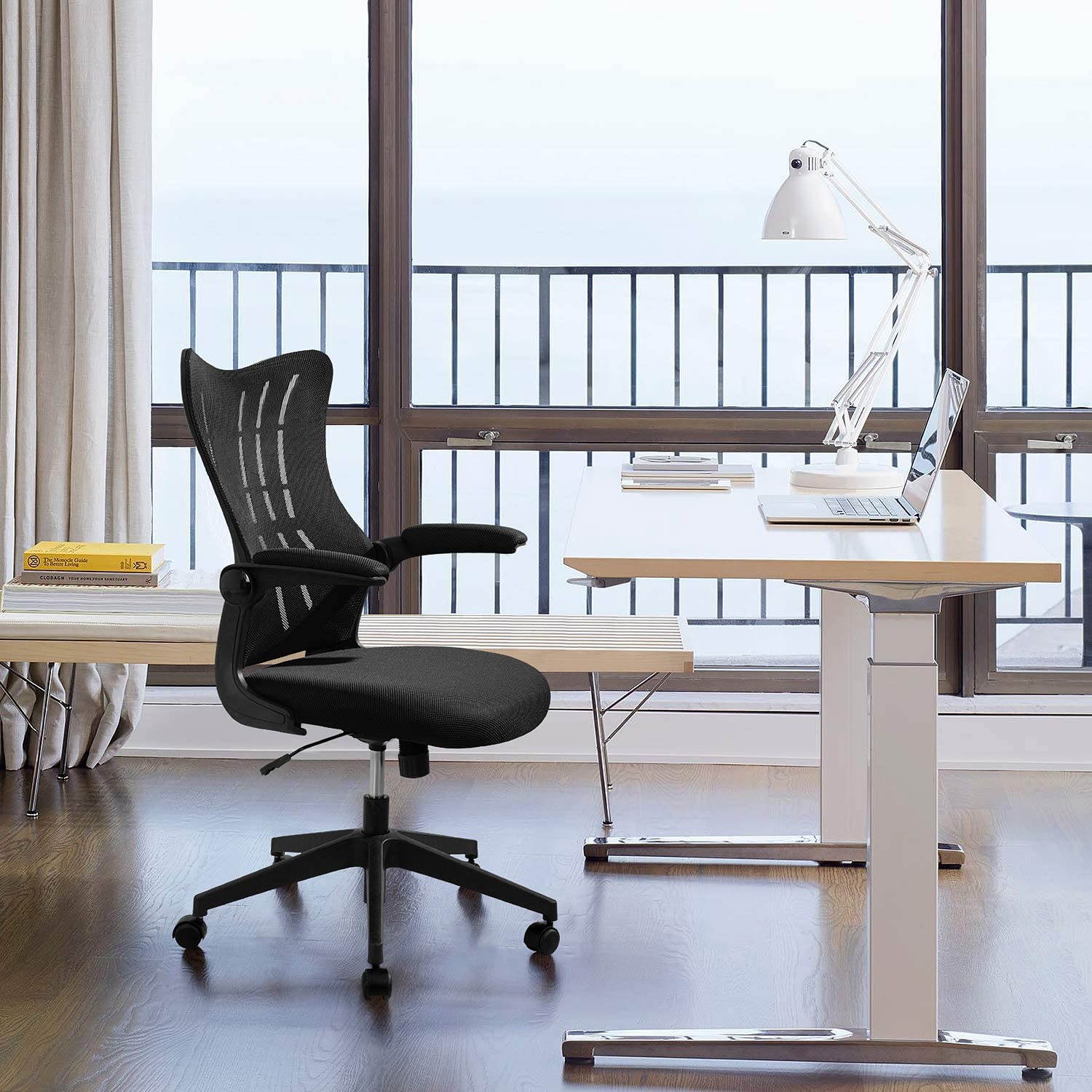 Furmax Office Desk Chair with Flip Up Arms, Mesh Mid Back Computer Chair Swivel Task Chair with Ergonomic Lumbar Support (White)
