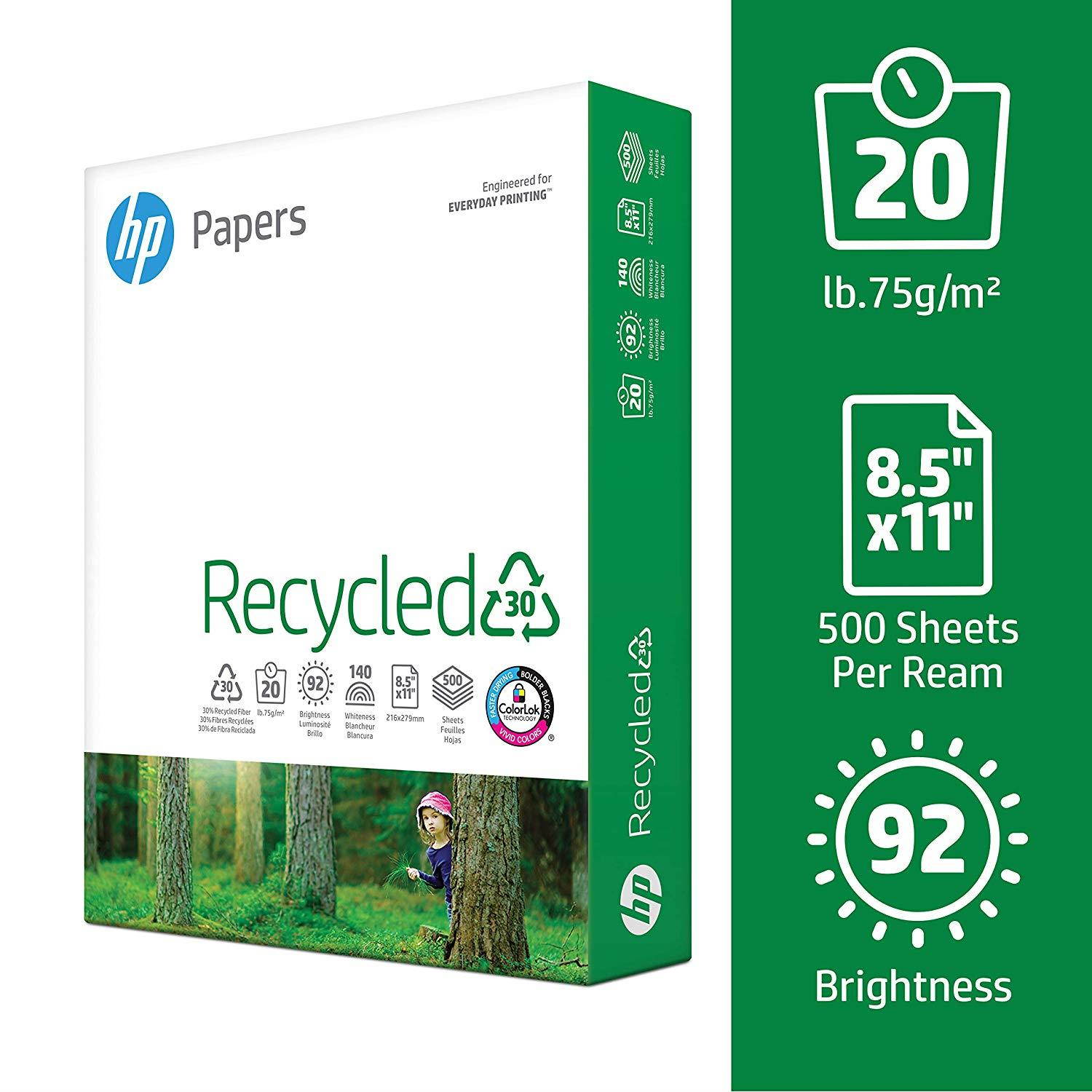 HP Printer Paper, Recycled 30% Paper, 8.5 x 11, Letter Size, 20lb, 92 Bright,  10 Ream Case / 5,000 Sheets (112100C) Acid Free Paper