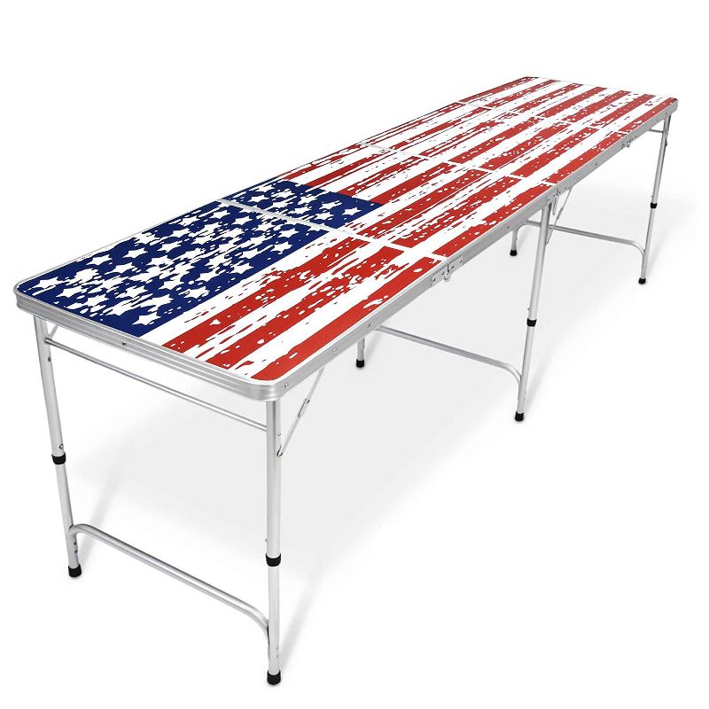 GoPong GP-8-America 8 Foot Portable Folding Aluminum Pong Tailgate Drinking Party Game Table with 6 Balls, American Flag